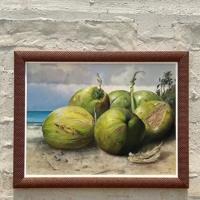 Vintage Boho Monumental Contemporary Original Oil Painting of Coconuts, Framed - Side view