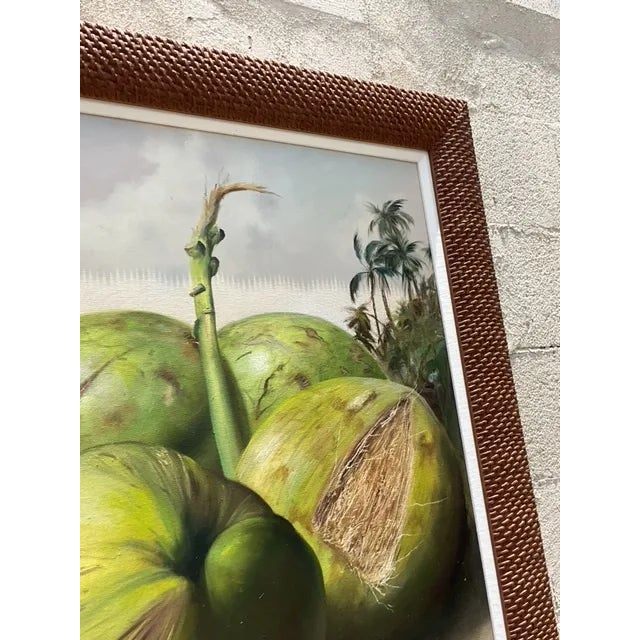 Vintage Boho Monumental Contemporary Original Oil Painting of Coconuts, Framed - Back view