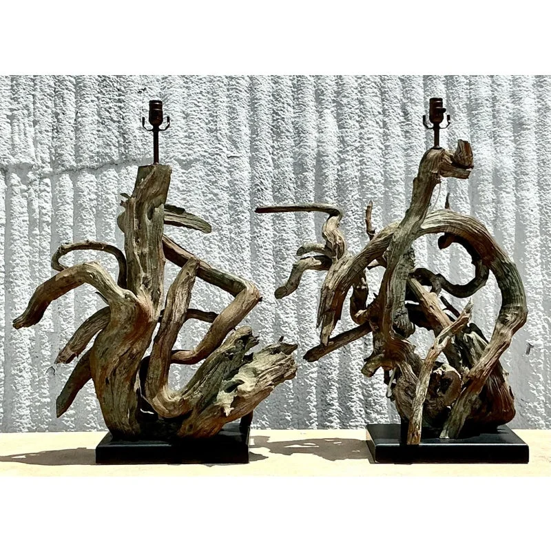 Vintage Boho Monumental Driftwood Lamps - A Pair - Back view