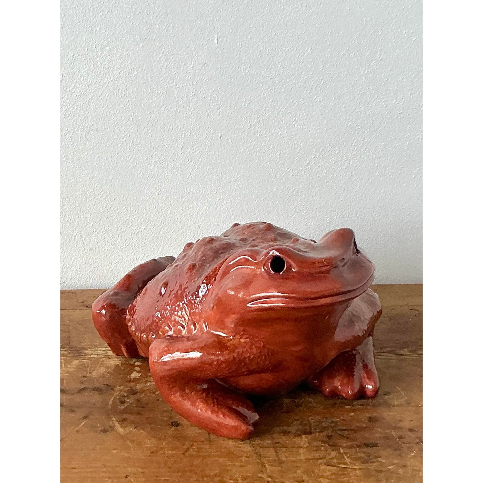 Vintage Boho Monumental Glazed Ceramic Frog - Back view