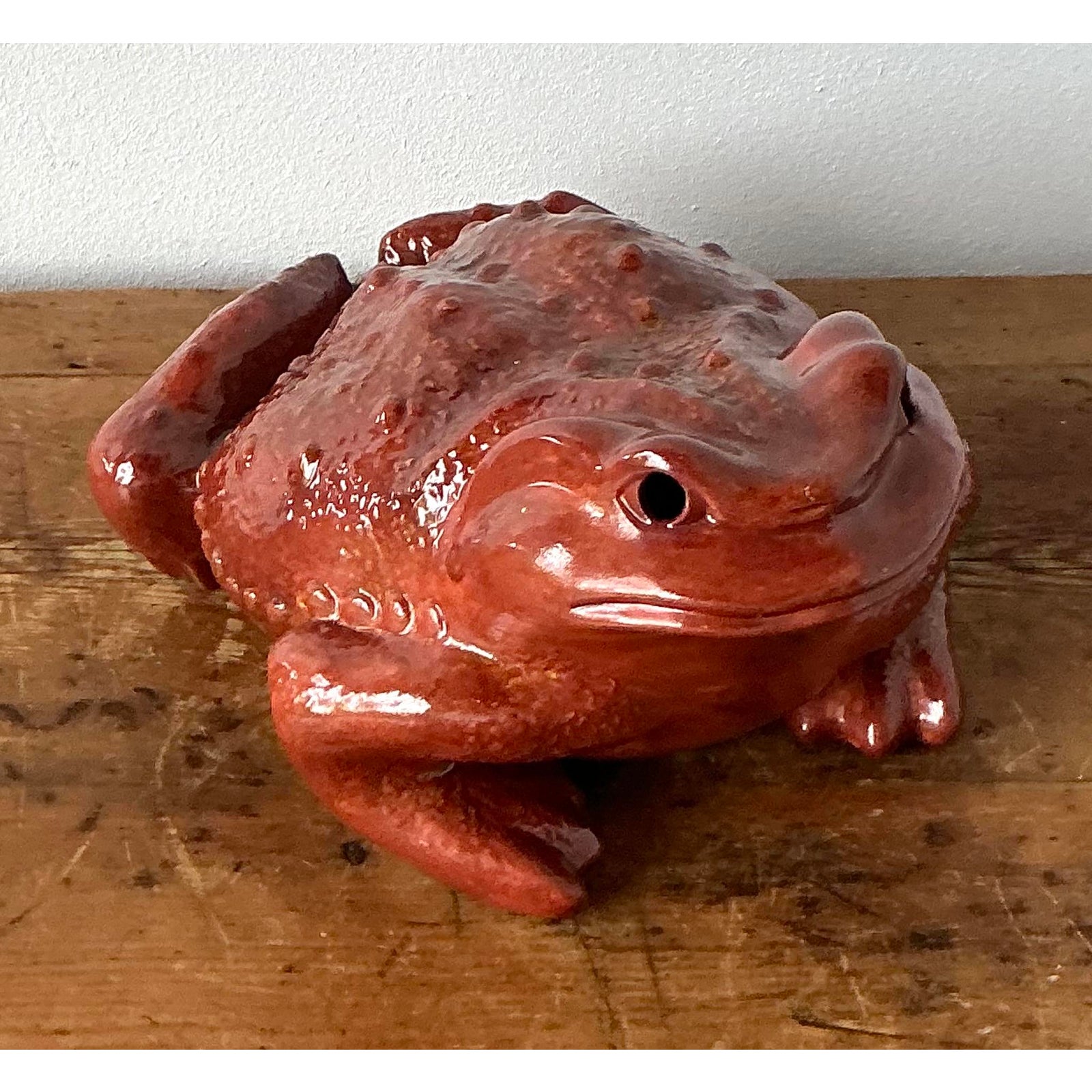 Vintage Boho Monumental Glazed Ceramic Frog - Detail view