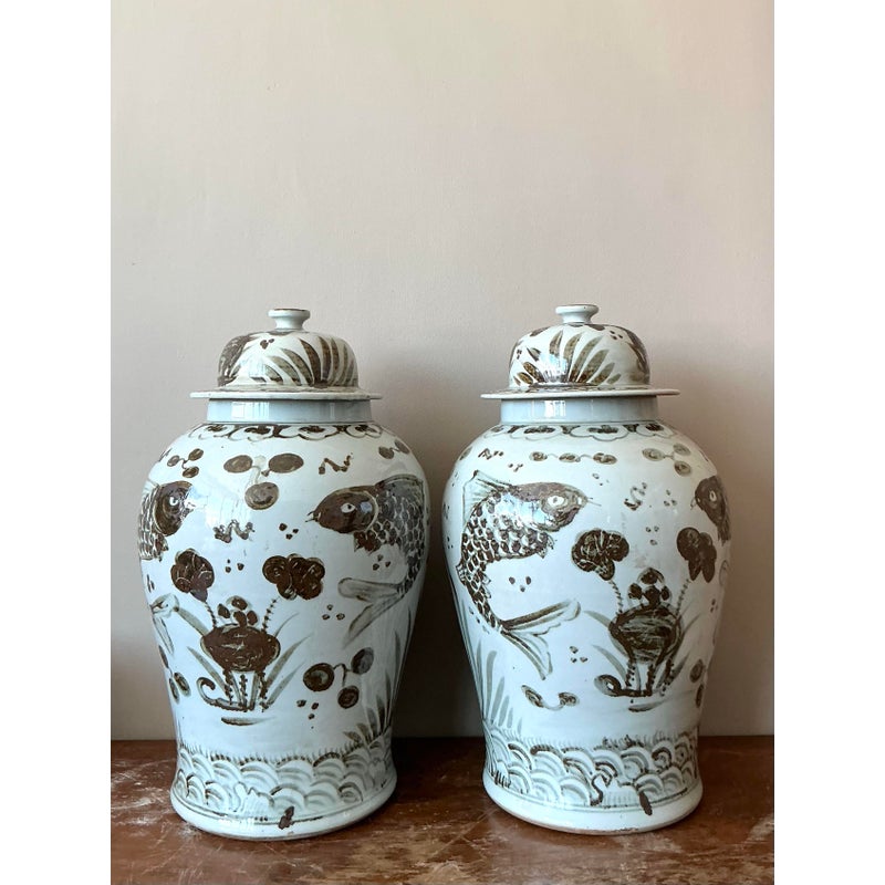 Vintage Boho Monumental Glazed Ceramic Hand Painted Urns - A Pair - Detail view