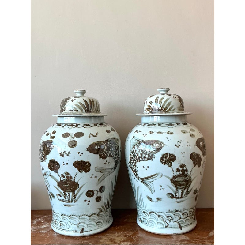 Vintage Boho Monumental Glazed Ceramic Hand Painted Urns - A Pair - Top view