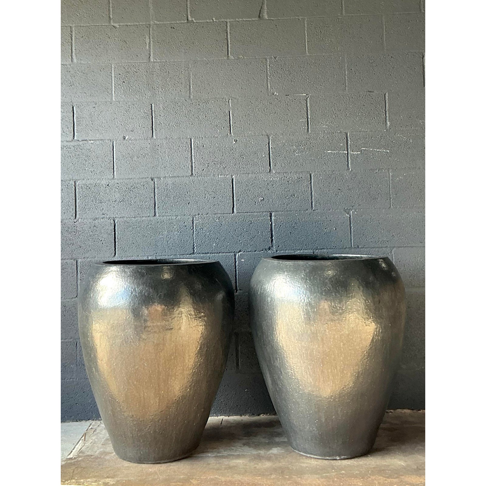 Vintage Boho Monumental Glazed Ceramic Planters - A Pair - Side view