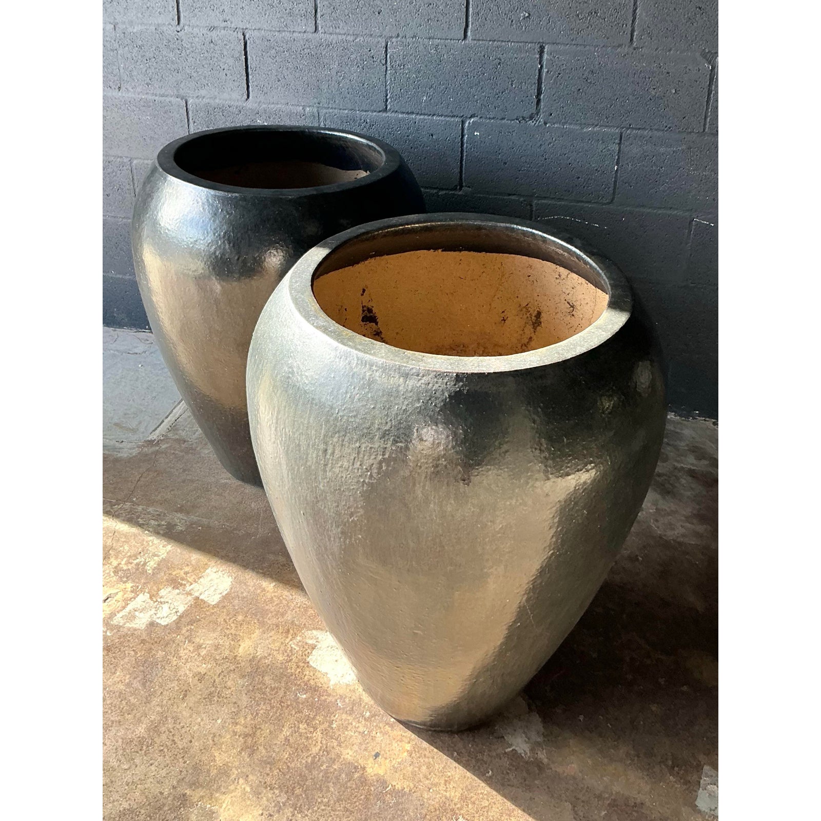 Vintage Boho Monumental Glazed Ceramic Planters - A Pair - Top view