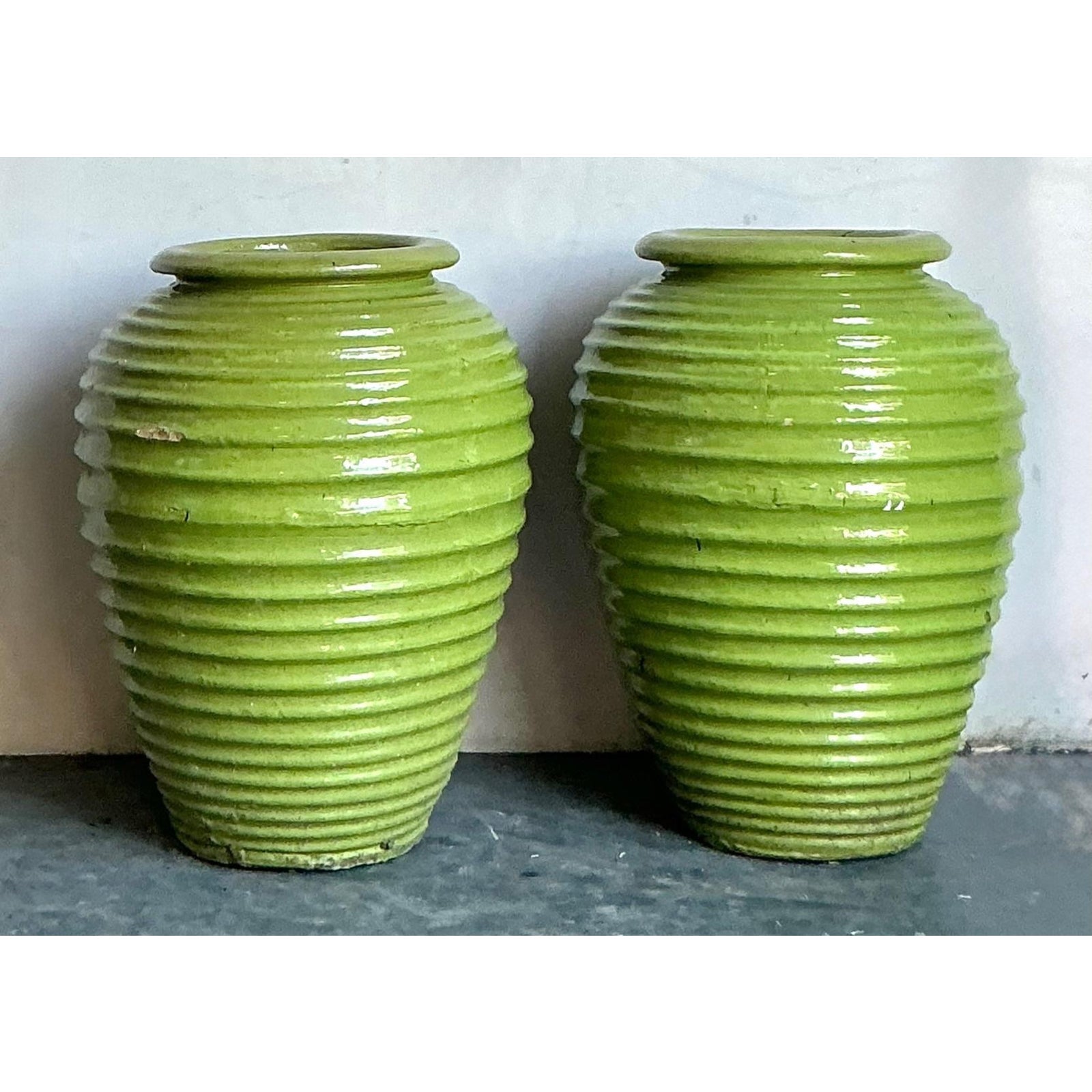 Vintage Boho Monumental Glazed Ceramic Urns - A Pair - Side view