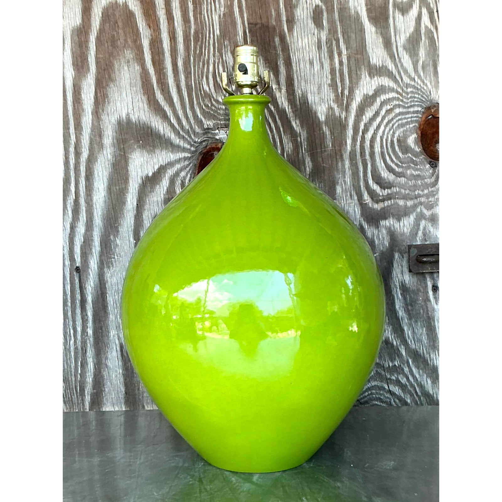 Vintage Boho Monumental Green Glazed Ceramic Lamp - Side view