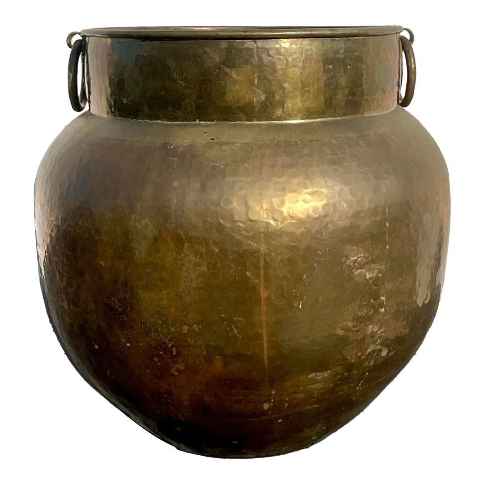 Vintage Boho Monumental Hammered Brass Rings Urn