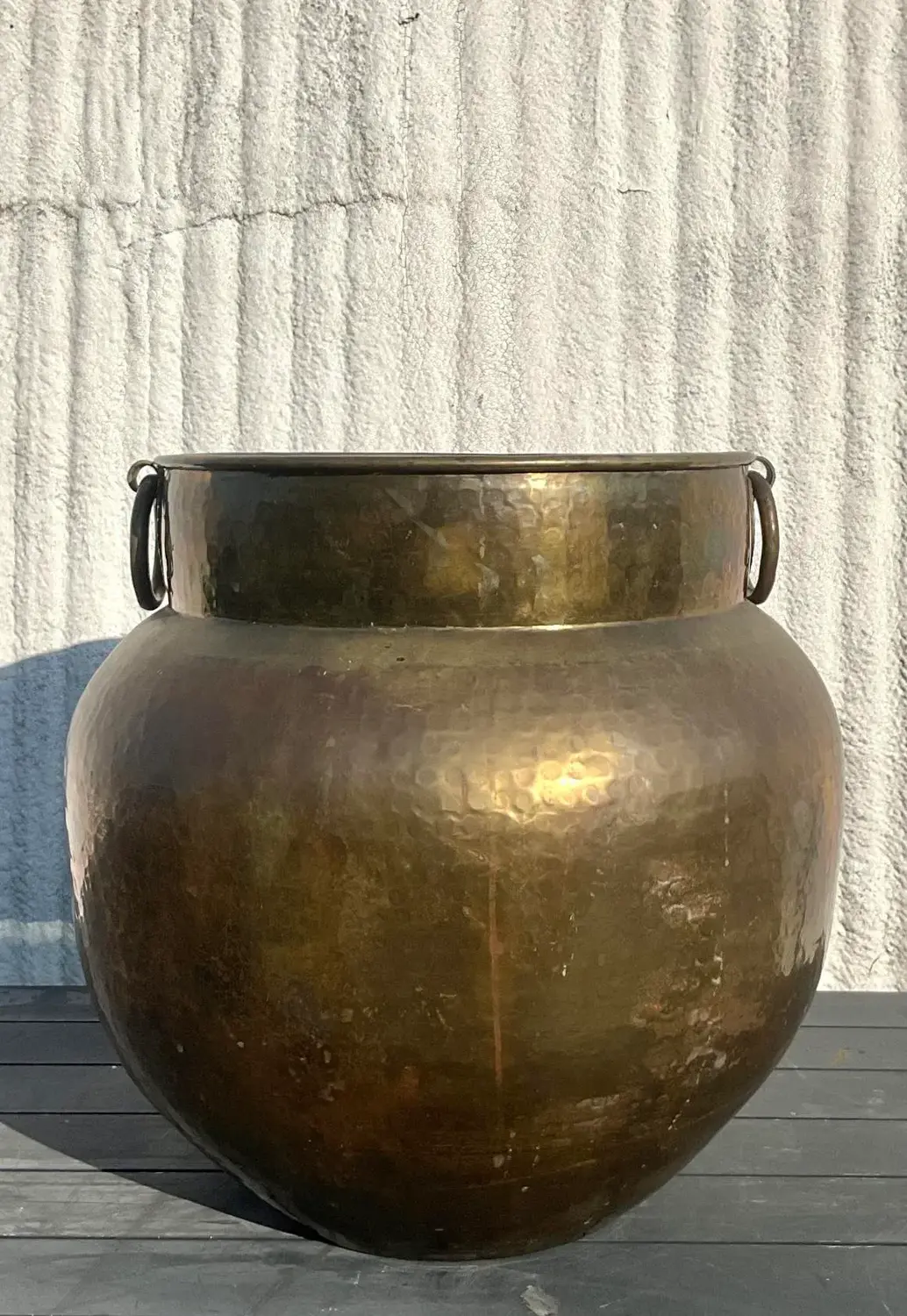 Vintage Boho Monumental Hammered Brass Rings Urn - Side view
