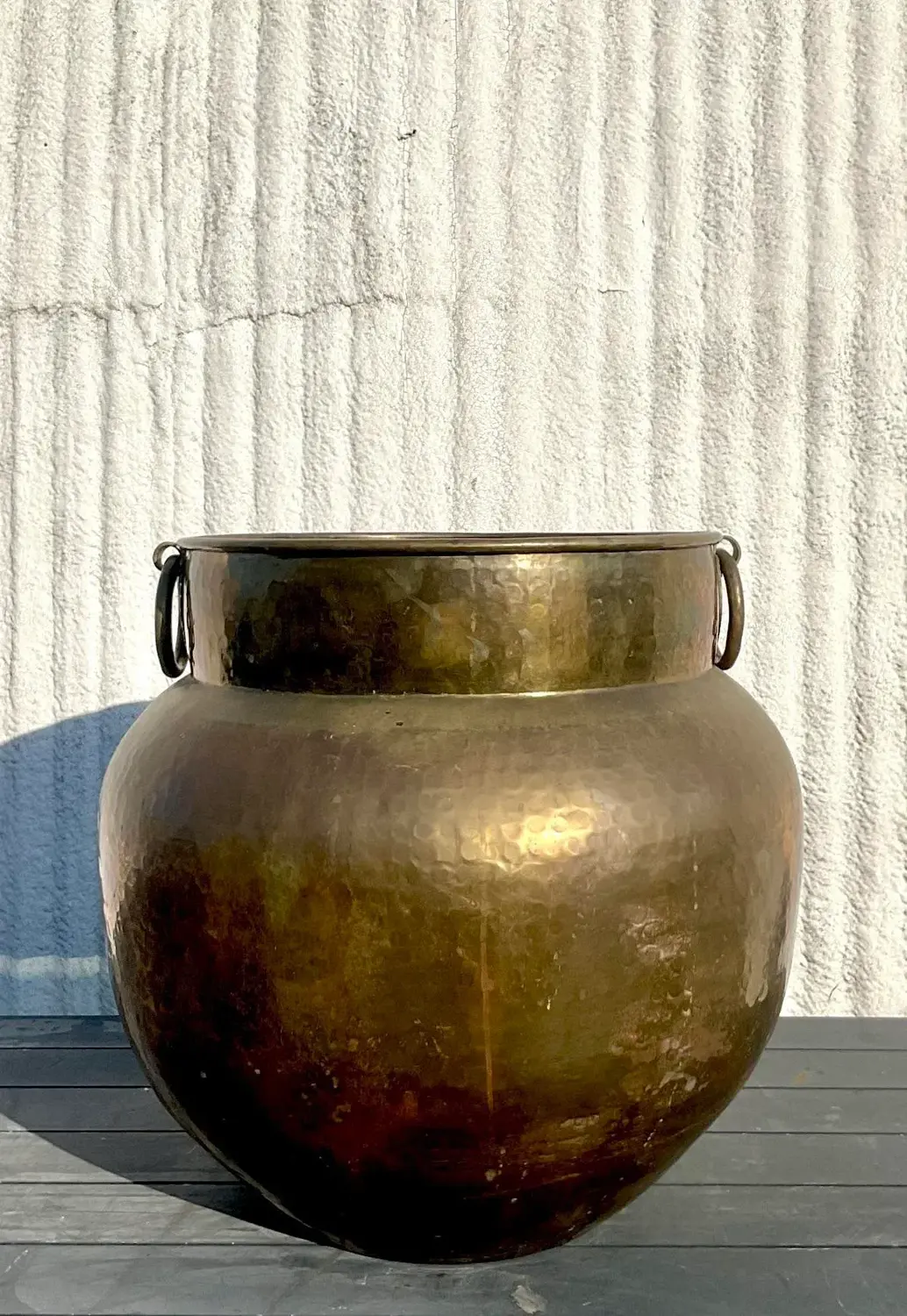 Vintage Boho Monumental Hammered Brass Rings Urn - Top view