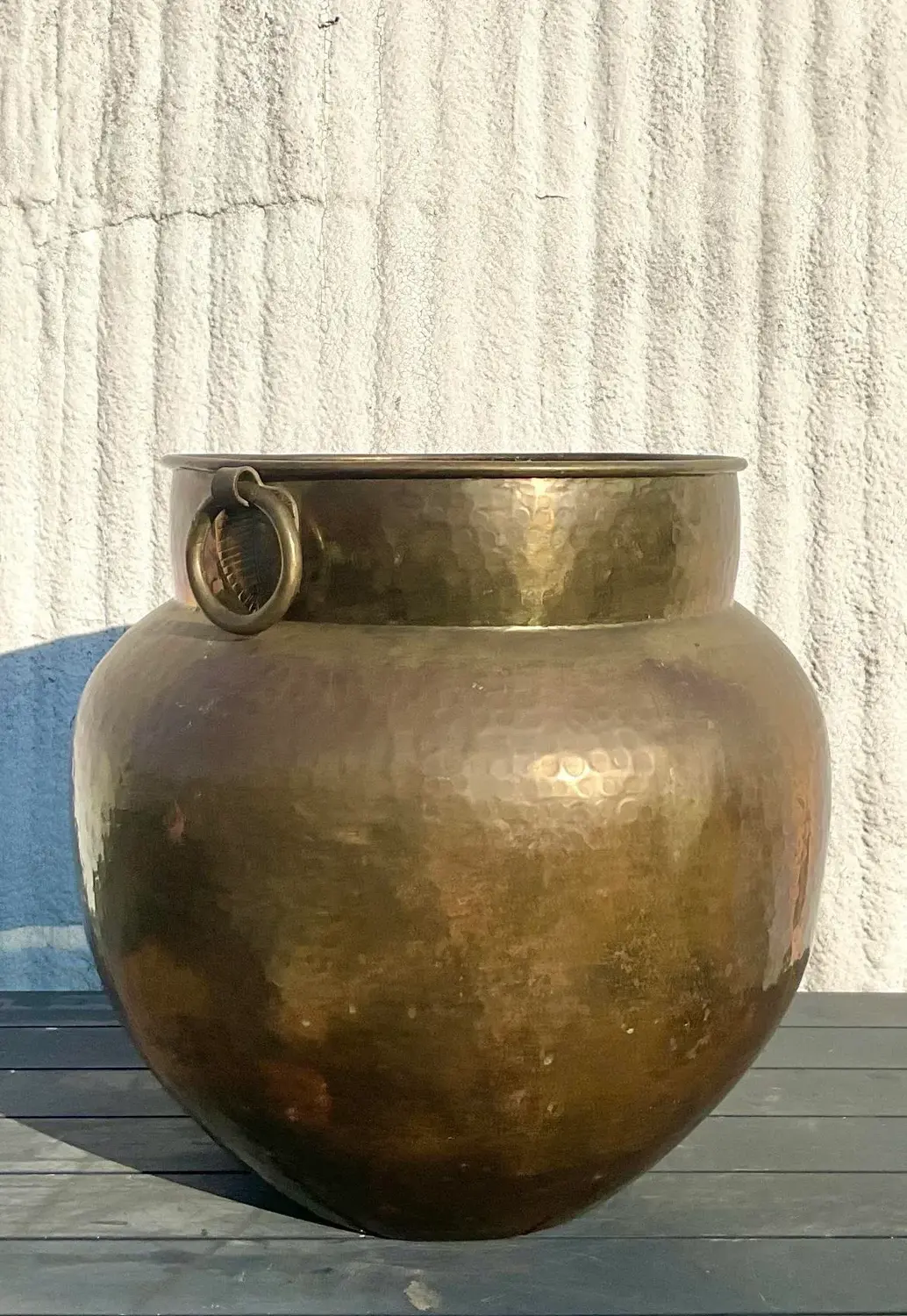 Vintage Boho Monumental Hammered Brass Rings Urn - Detail view