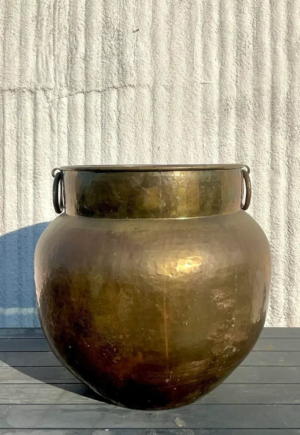 Vintage Boho Monumental Hammered Brass Rings Urn - Back view