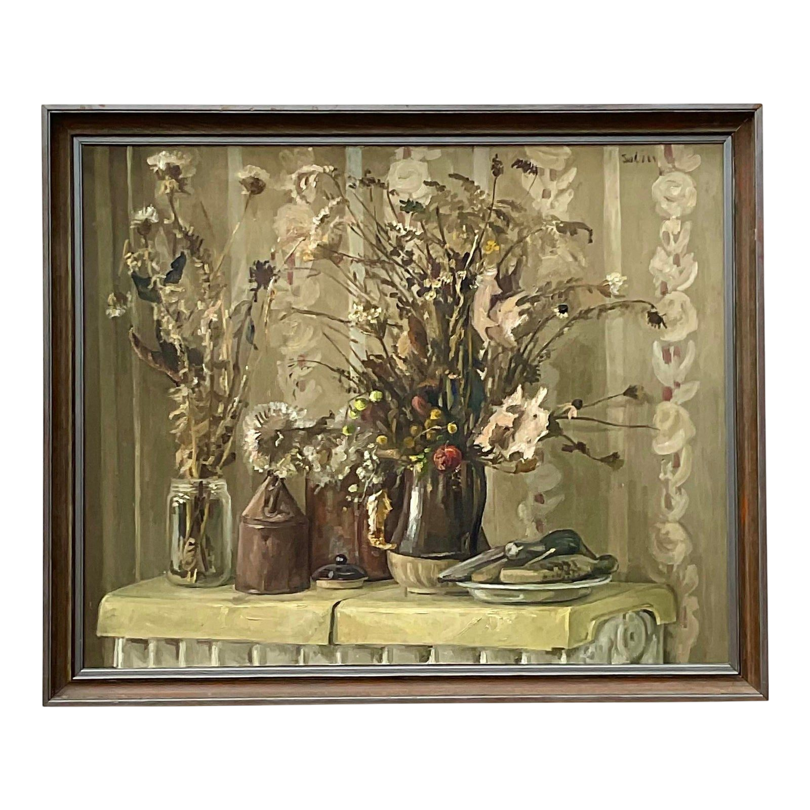 Vintage Boho Monumental Impressionist Still Life Signed Original Oil on Canvas