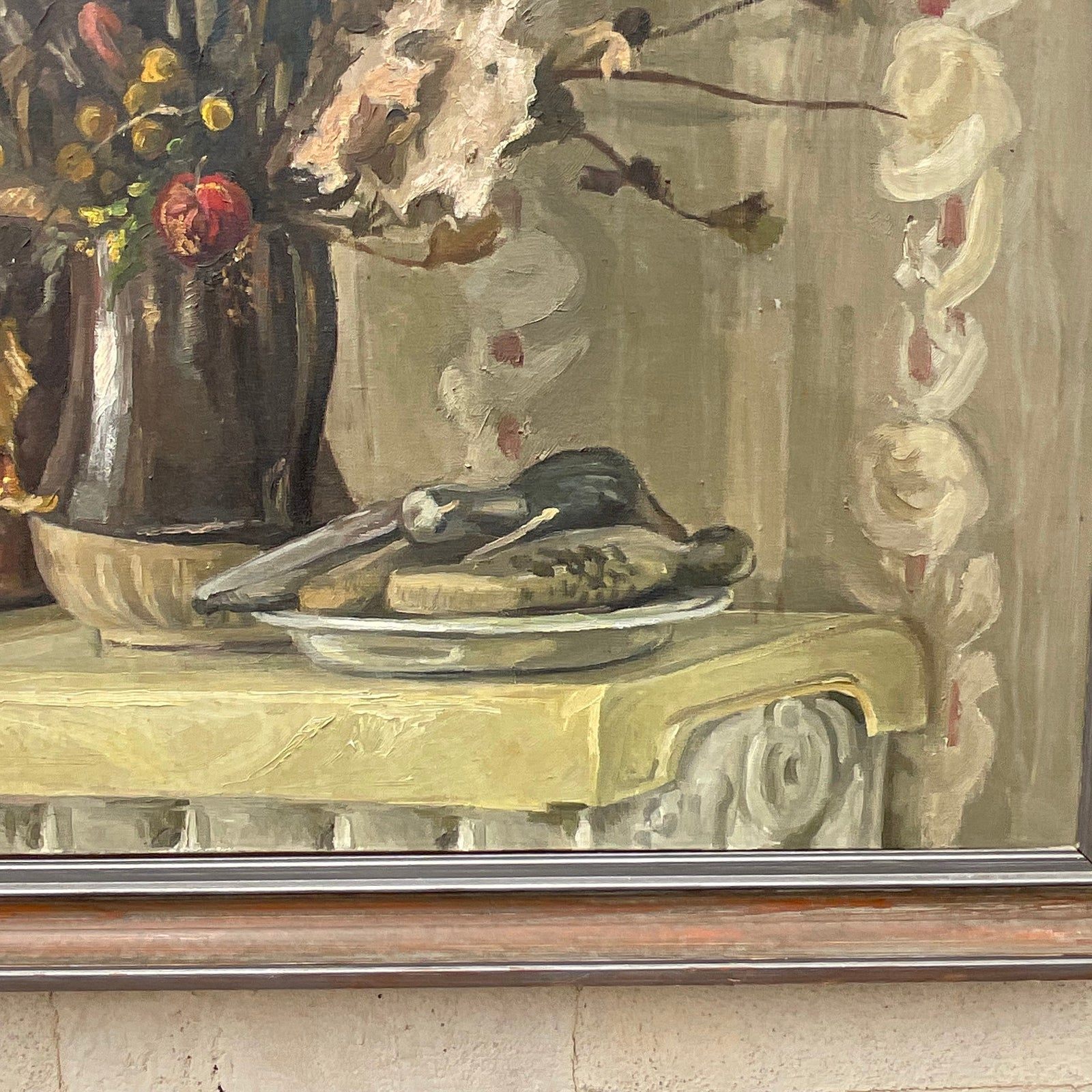 Vintage Boho Monumental Impressionist Still Life Signed Original Oil on Canvas - Side view