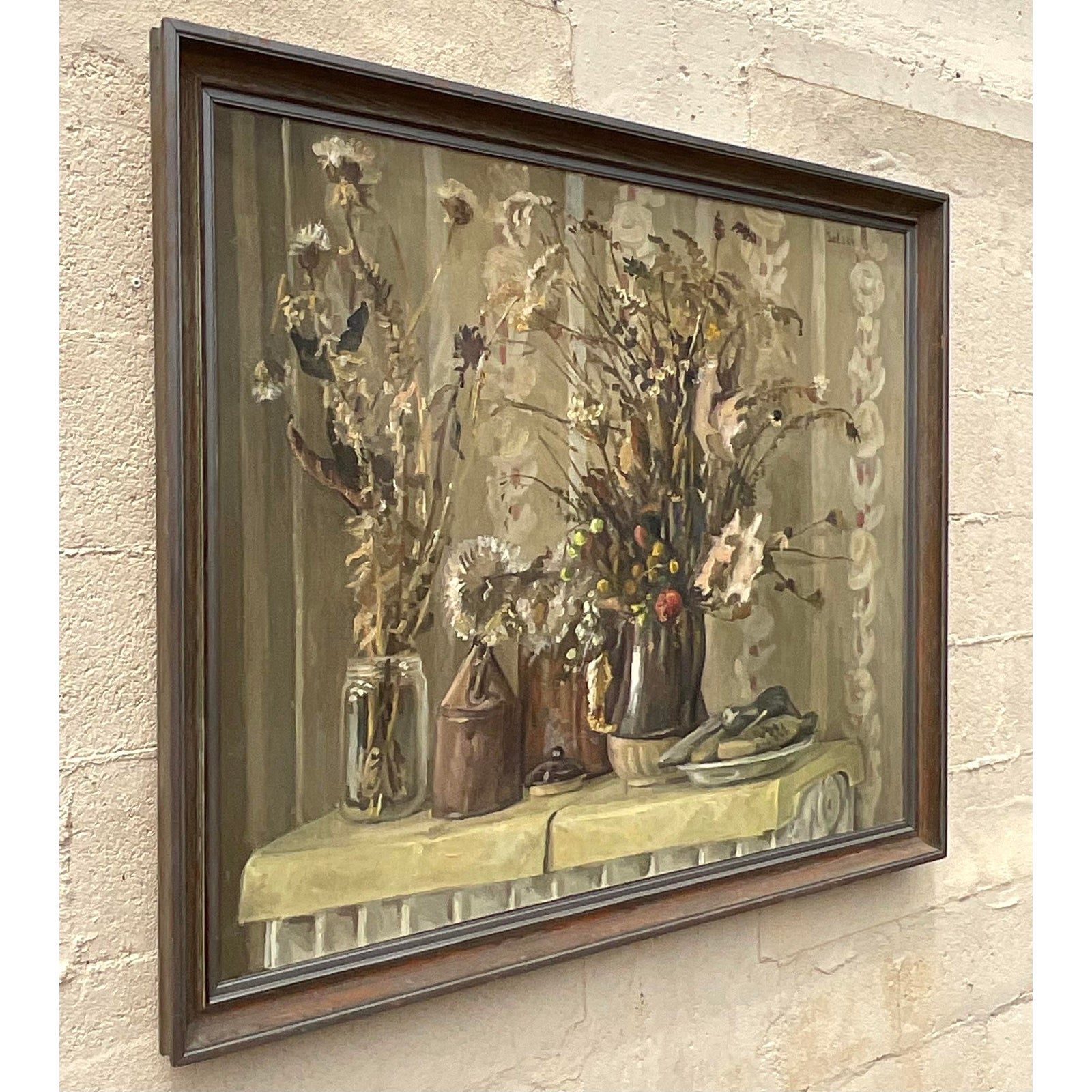 Vintage Boho Monumental Impressionist Still Life Signed Original Oil on Canvas - Back view
