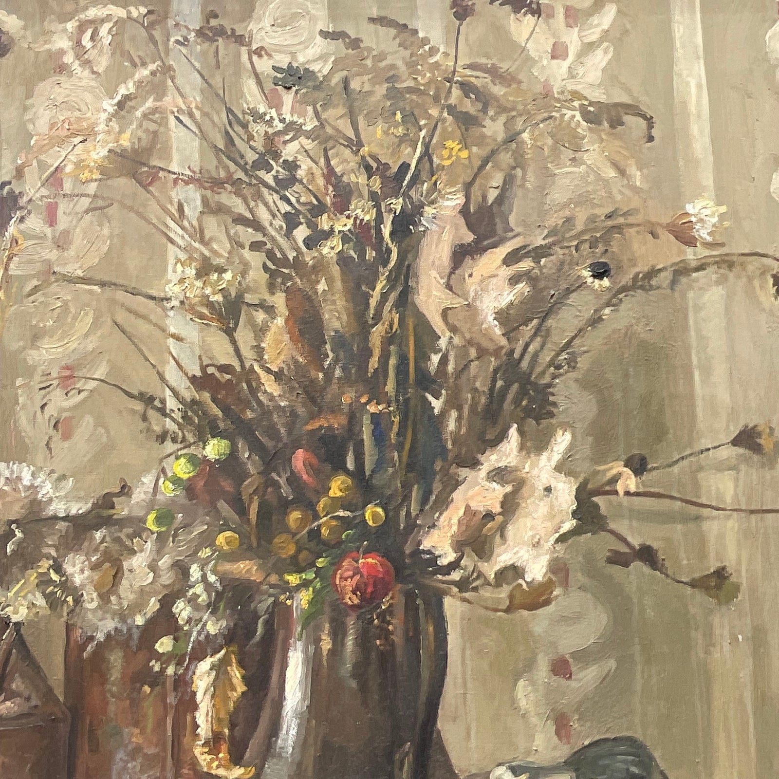 Vintage Boho Monumental Impressionist Still Life Signed Original Oil on Canvas - Detail view