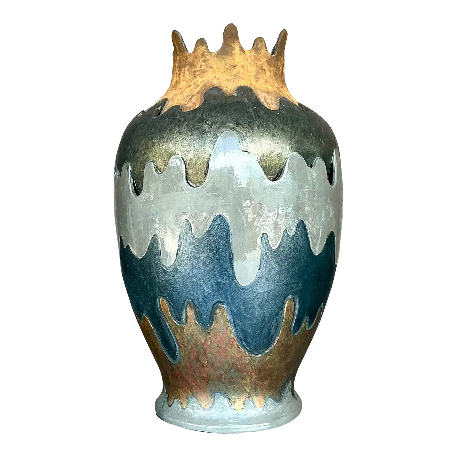 Vintage Boho Monumental Layered Ripple Ceramic Vase