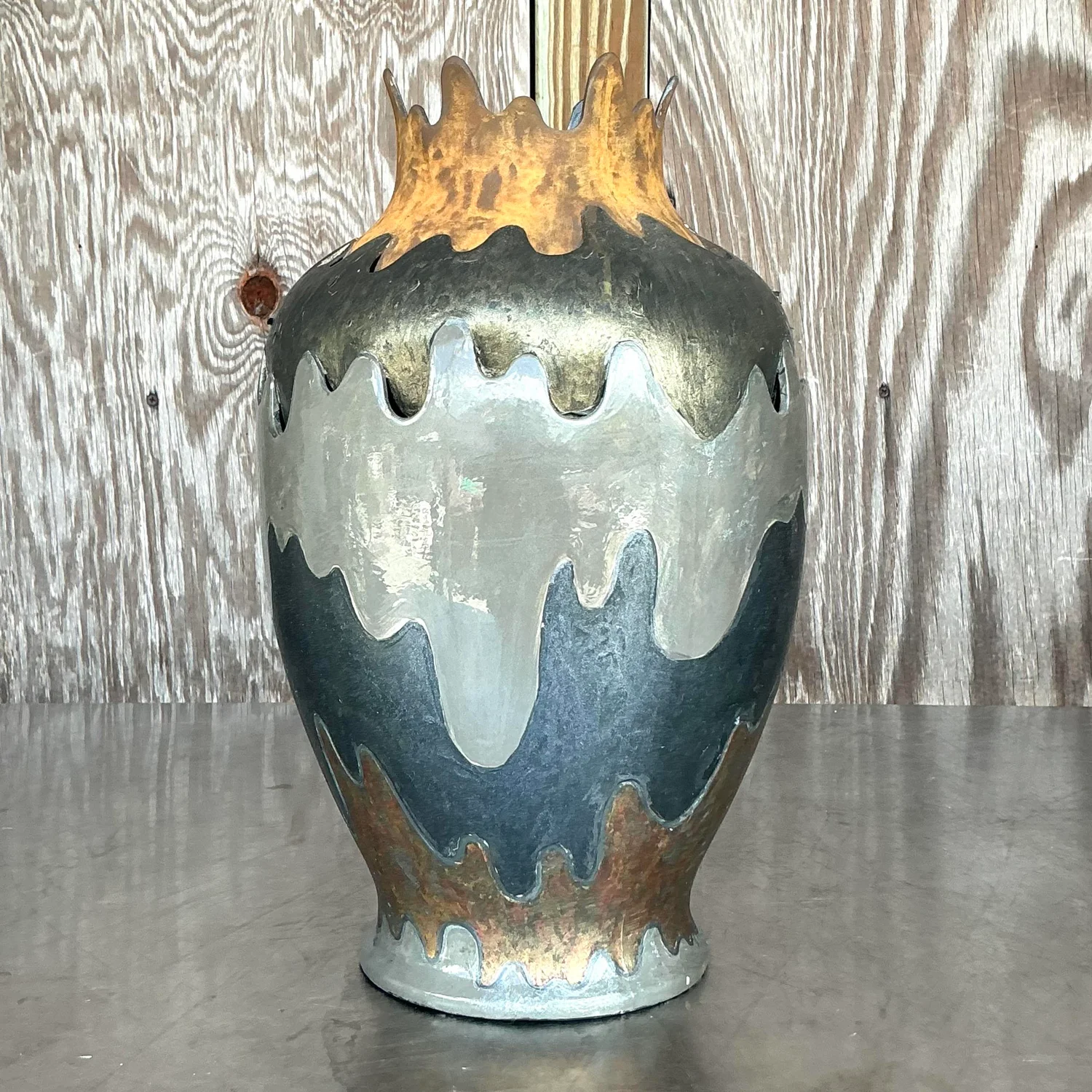 Vintage Boho Monumental Layered Ripple Ceramic Vase - Detail view