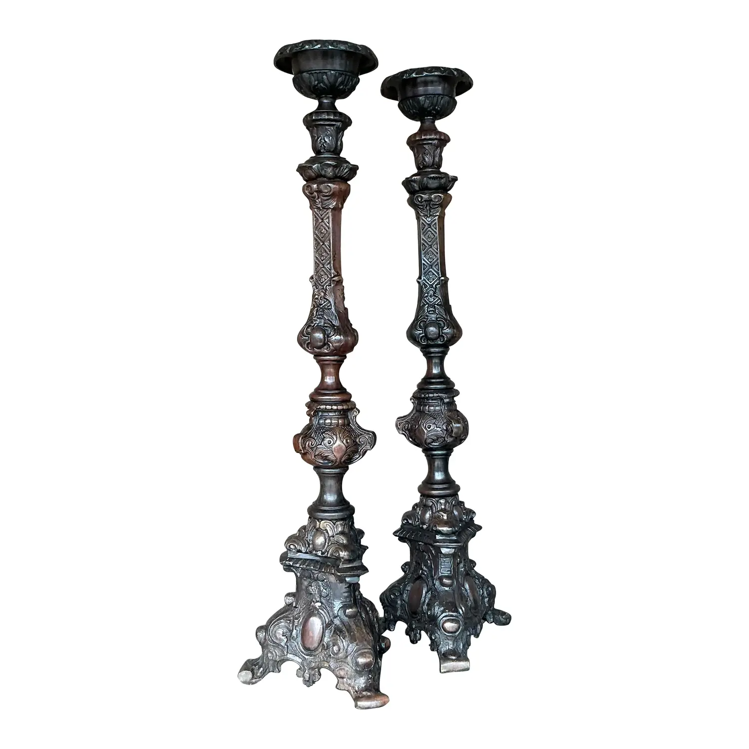 Vintage Boho Monumental Maitland-Smith Bronze Altar Candles - Set of 2