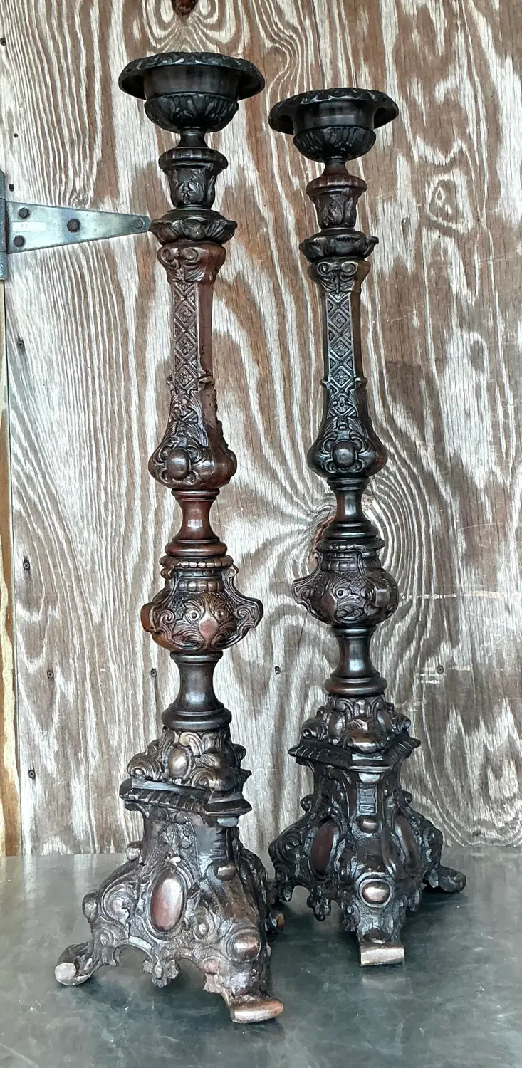 Vintage Boho Monumental Maitland-Smith Bronze Altar Candles - Set of 2 - Top view