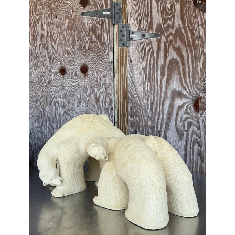 Vintage Boho Monumental Original Studio Pottery Polar Bears - A Pair - Side view