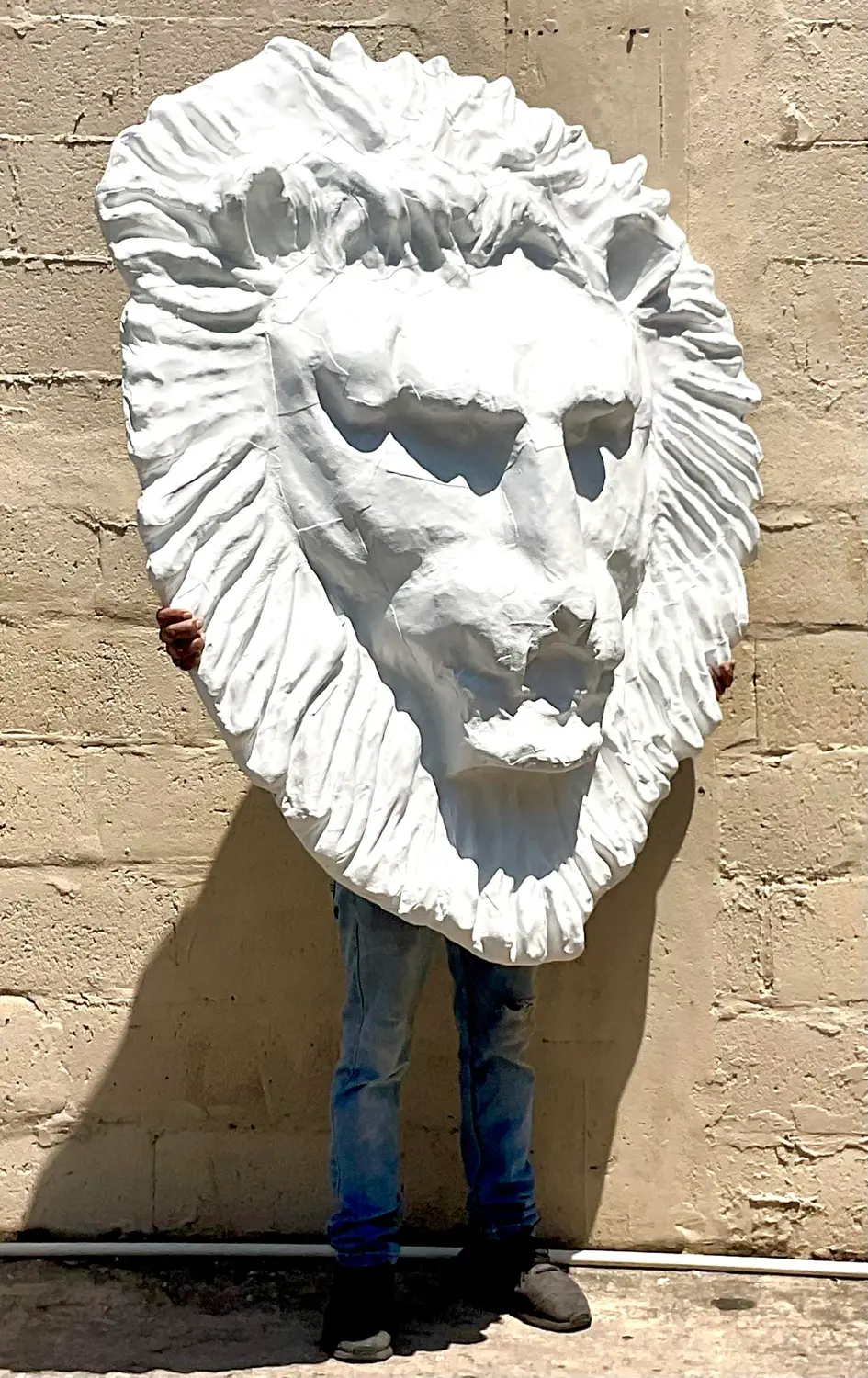 Vintage Boho Monumental Painted Leather Lions Head Wall Sculpture - Side view