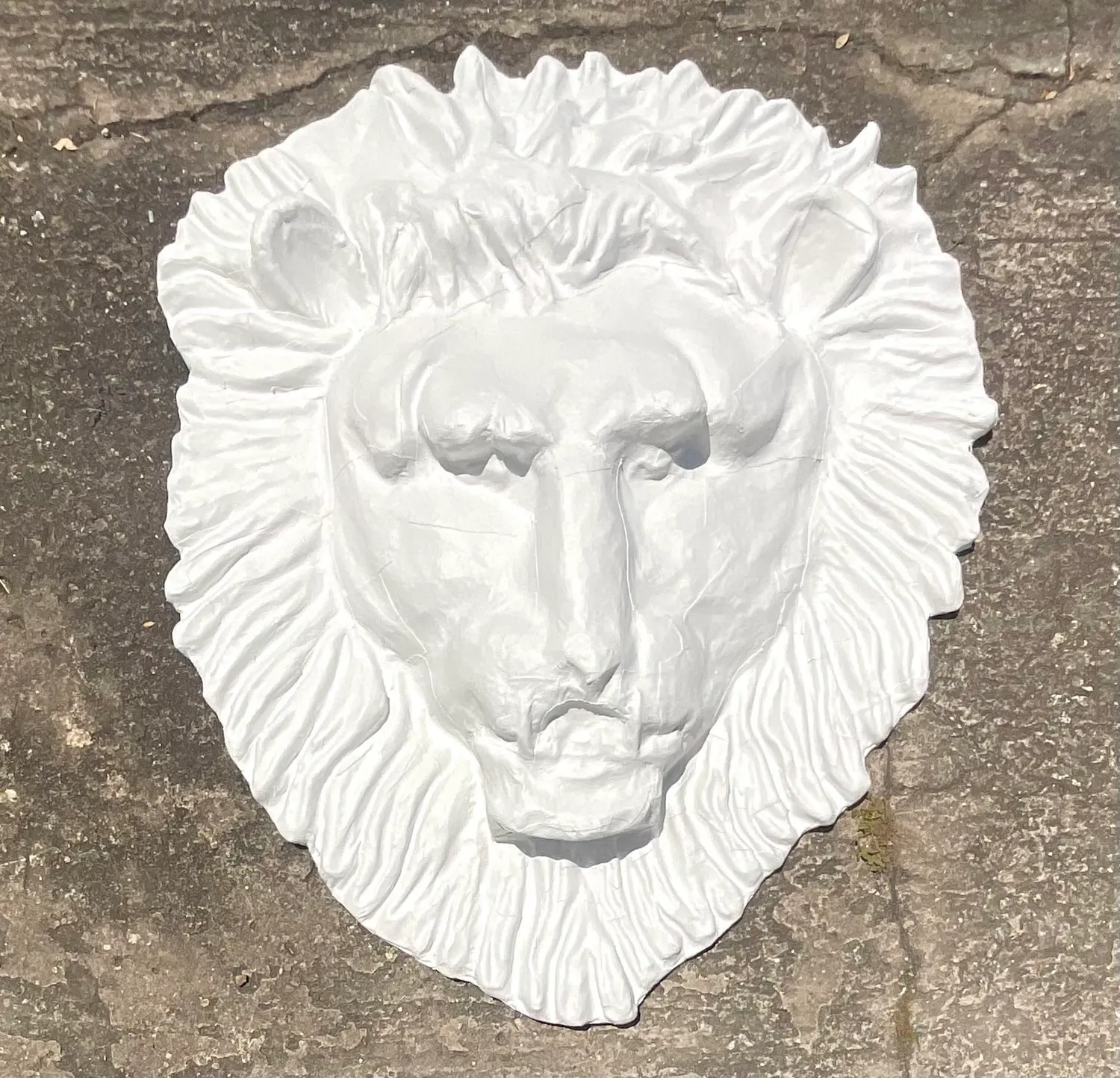 Vintage Boho Monumental Painted Leather Lions Head Wall Sculpture - Back view