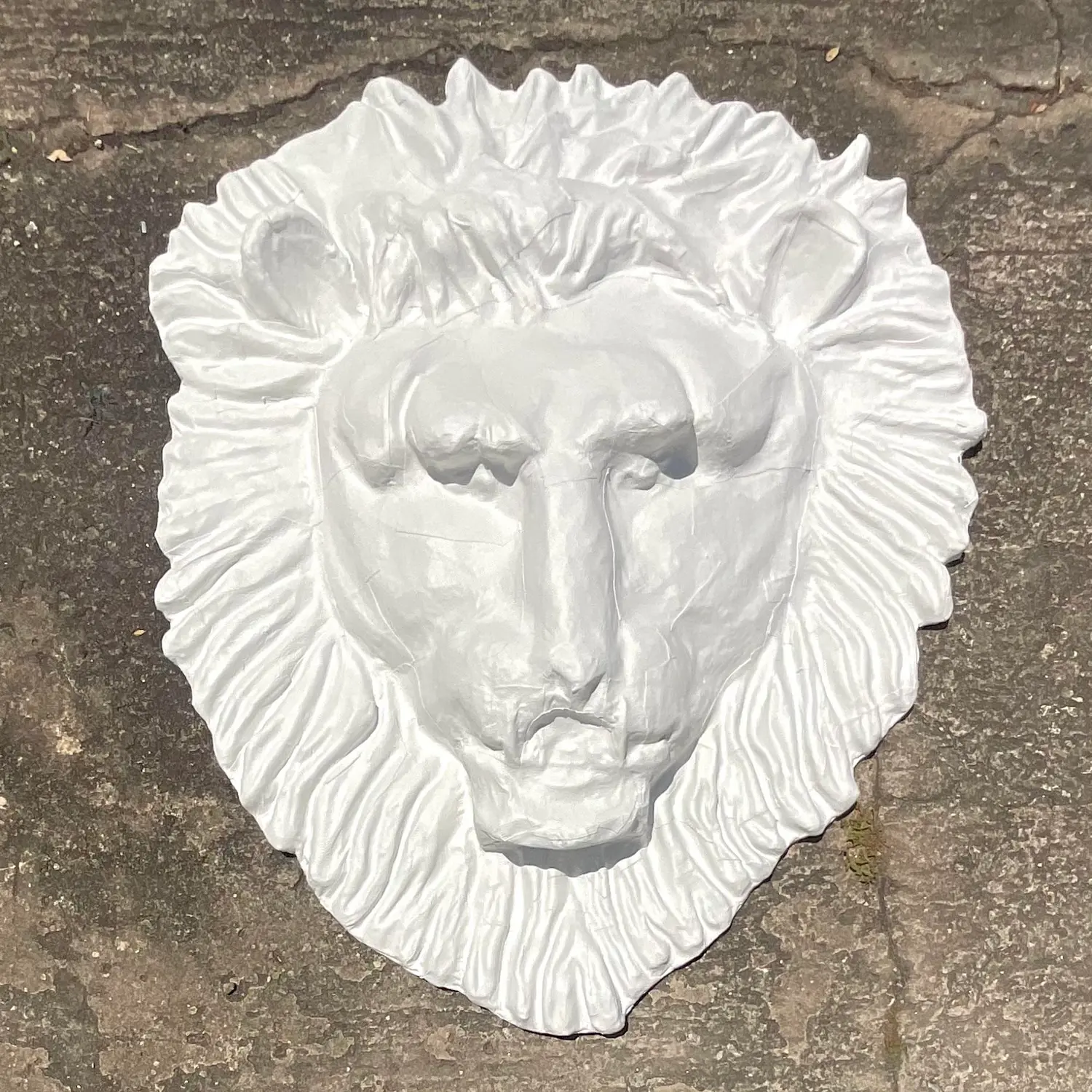 Vintage Boho Monumental Painted Leather Lions Head Wall Sculpture - Top view