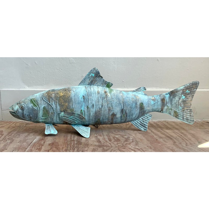 Vintage Boho Monumental Patinated Hanging Brass Fish - Detail view