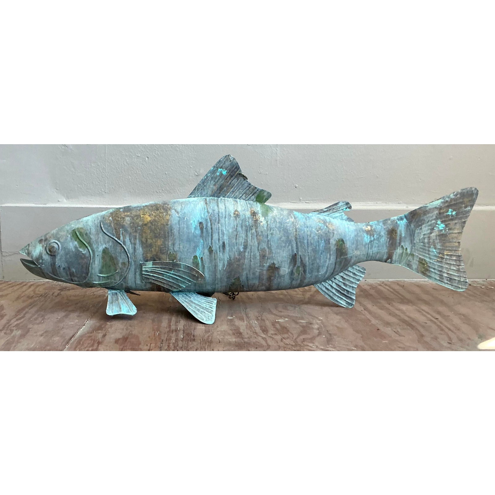 Vintage Boho Monumental Patinated Hanging Brass Fish - Back view
