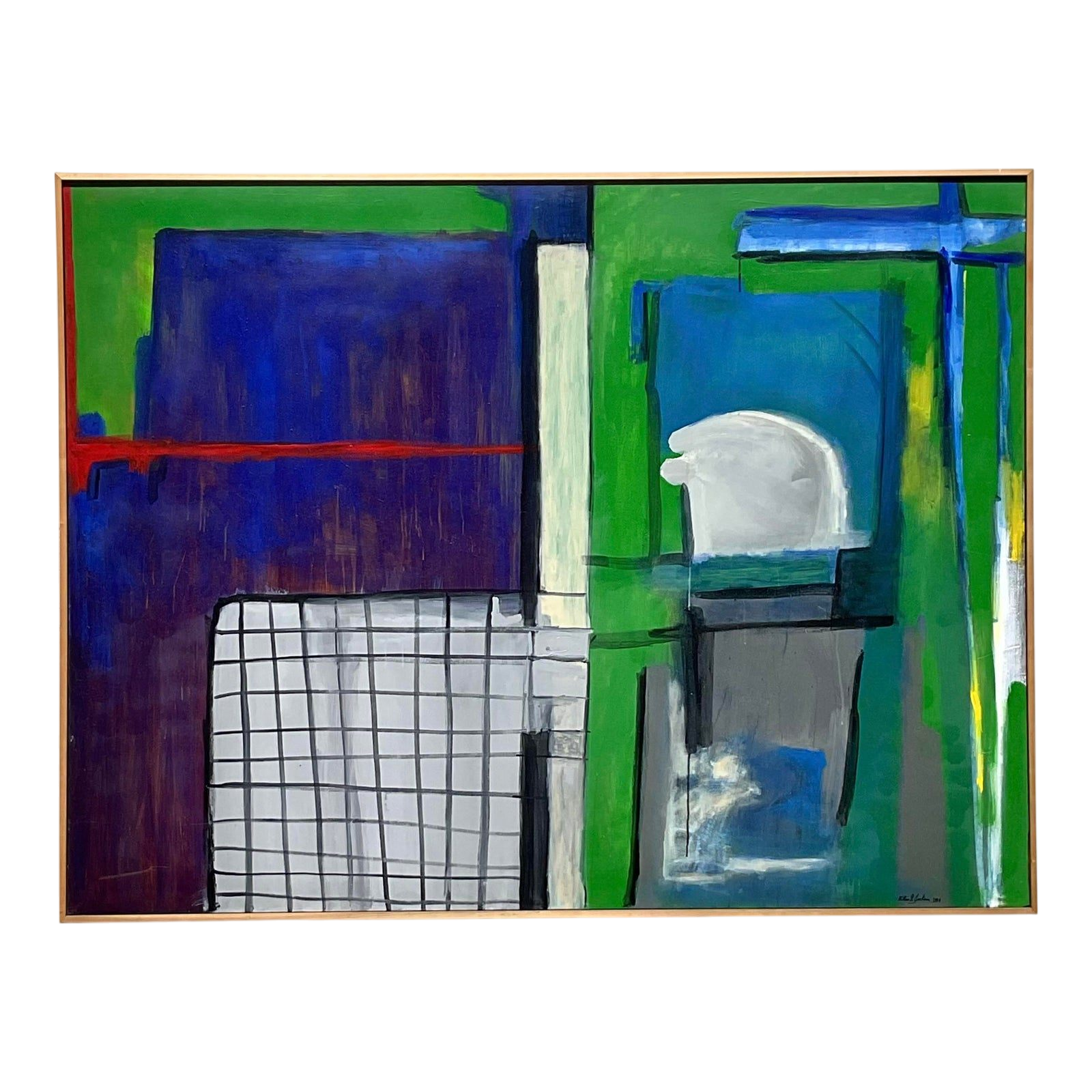 Vintage Boho Monumental Signed Abstract Geometric Original Oil on Canvas
