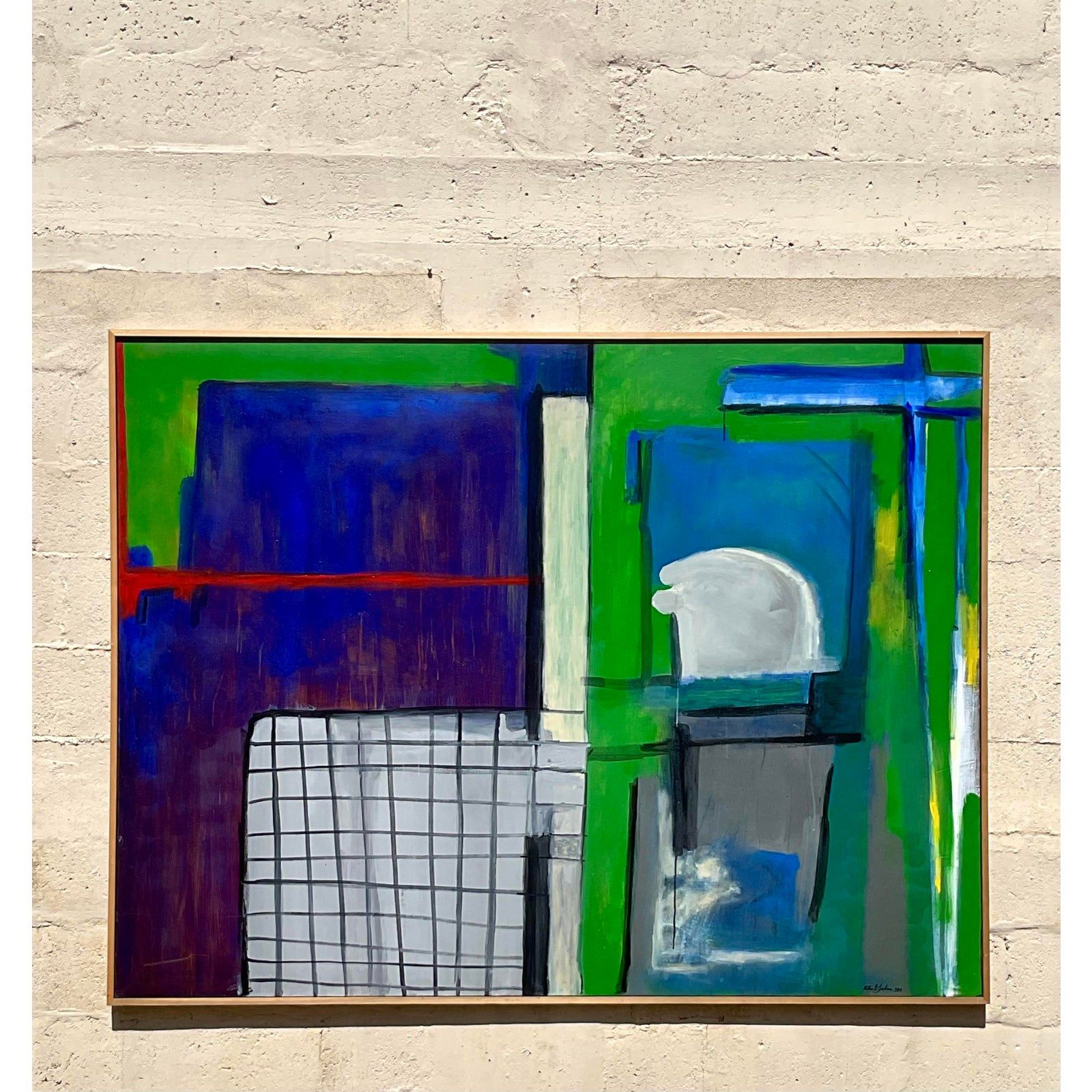 Vintage Boho Monumental Signed Abstract Geometric Original Oil on Canvas - Side view