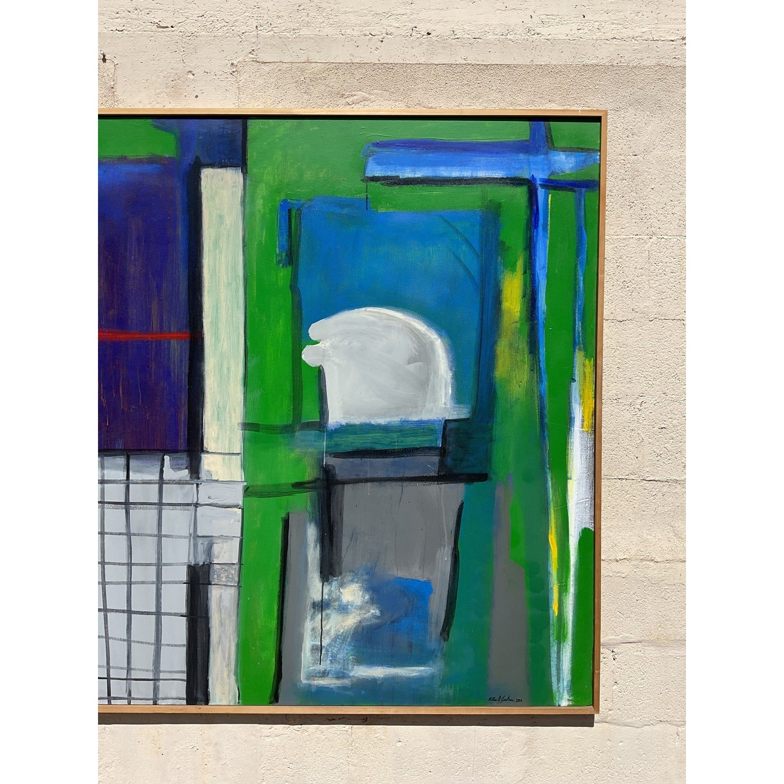 Vintage Boho Monumental Signed Abstract Geometric Original Oil on Canvas - Top view
