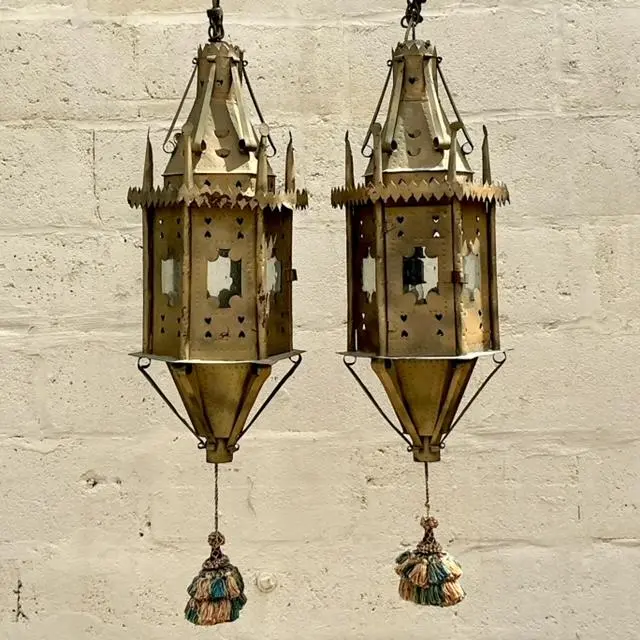 Vintage Boho Moorish Lanterns After Addison Mizner - a Pair - Side view