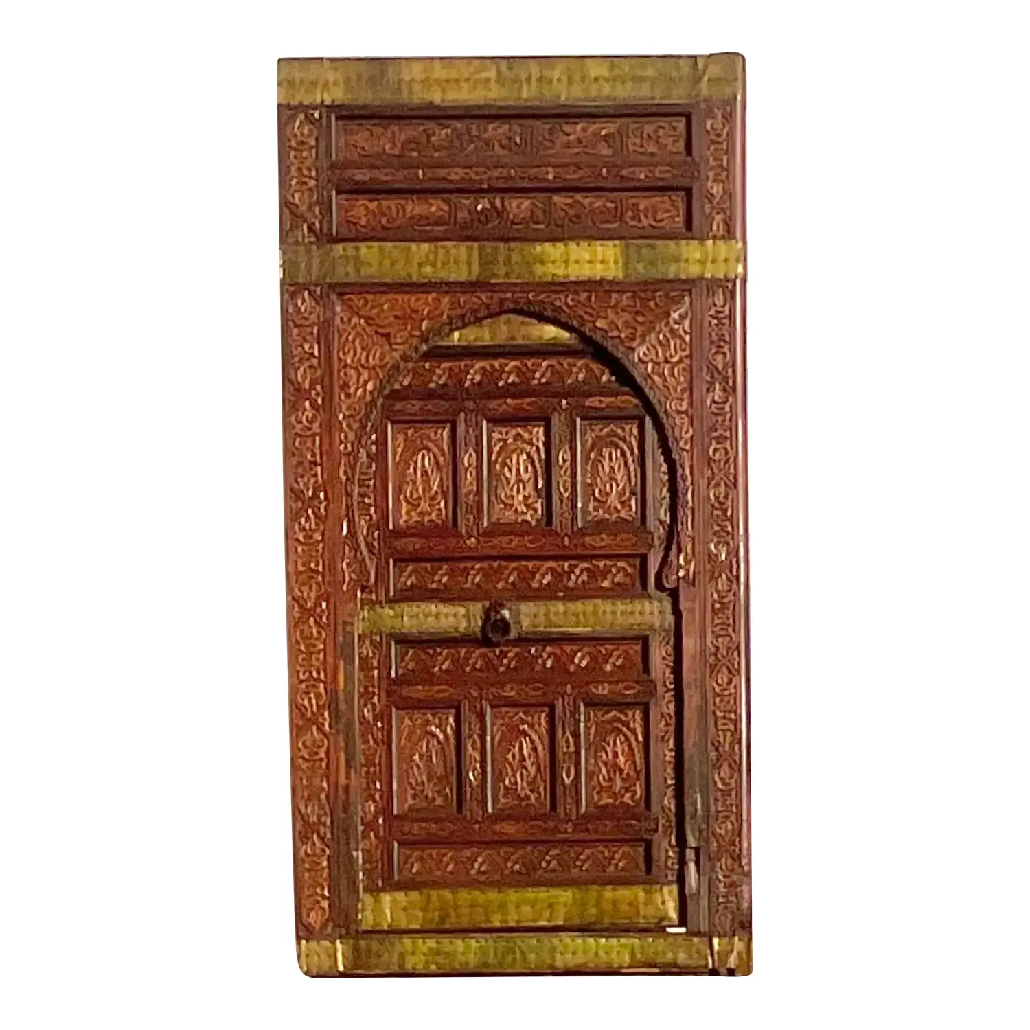 Vintage Boho Moroccan Carved Wooden Door With Brass Detail