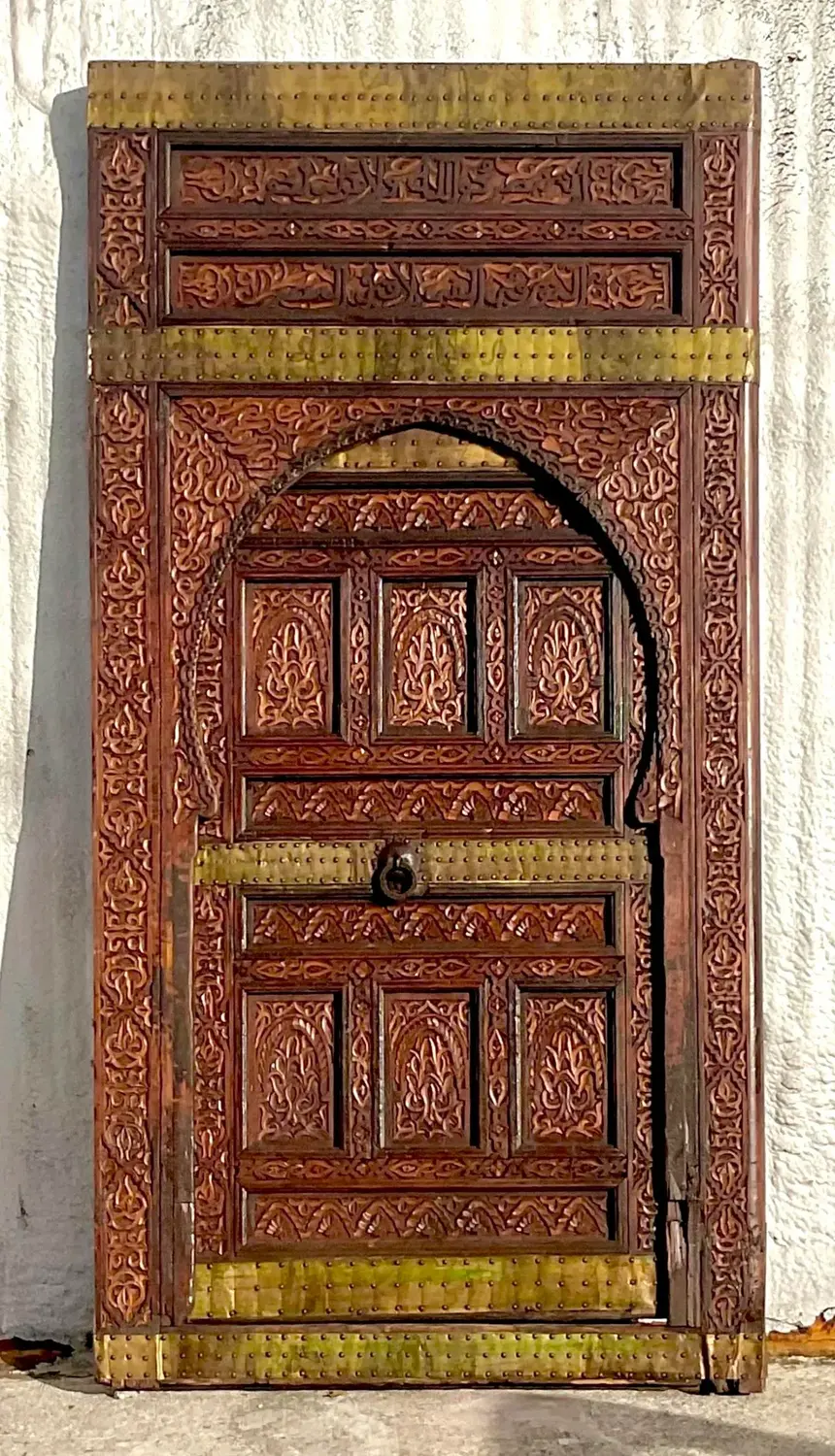 Vintage Boho Moroccan Carved Wooden Door With Brass Detail - Side view