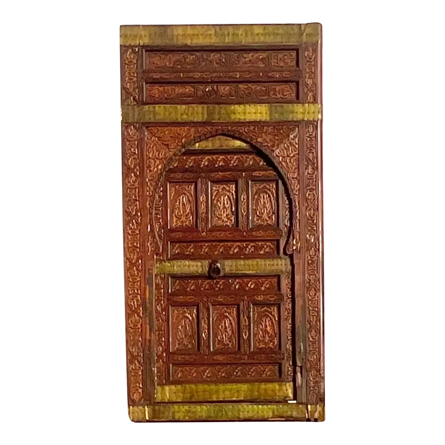 Vintage Boho Moroccan Carved Wooden Door With Brass Detail - Detail view