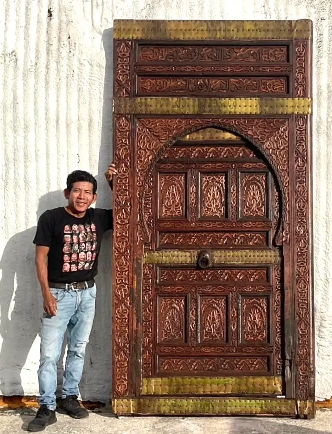 Vintage Boho Moroccan Carved Wooden Door With Brass Detail - Top view