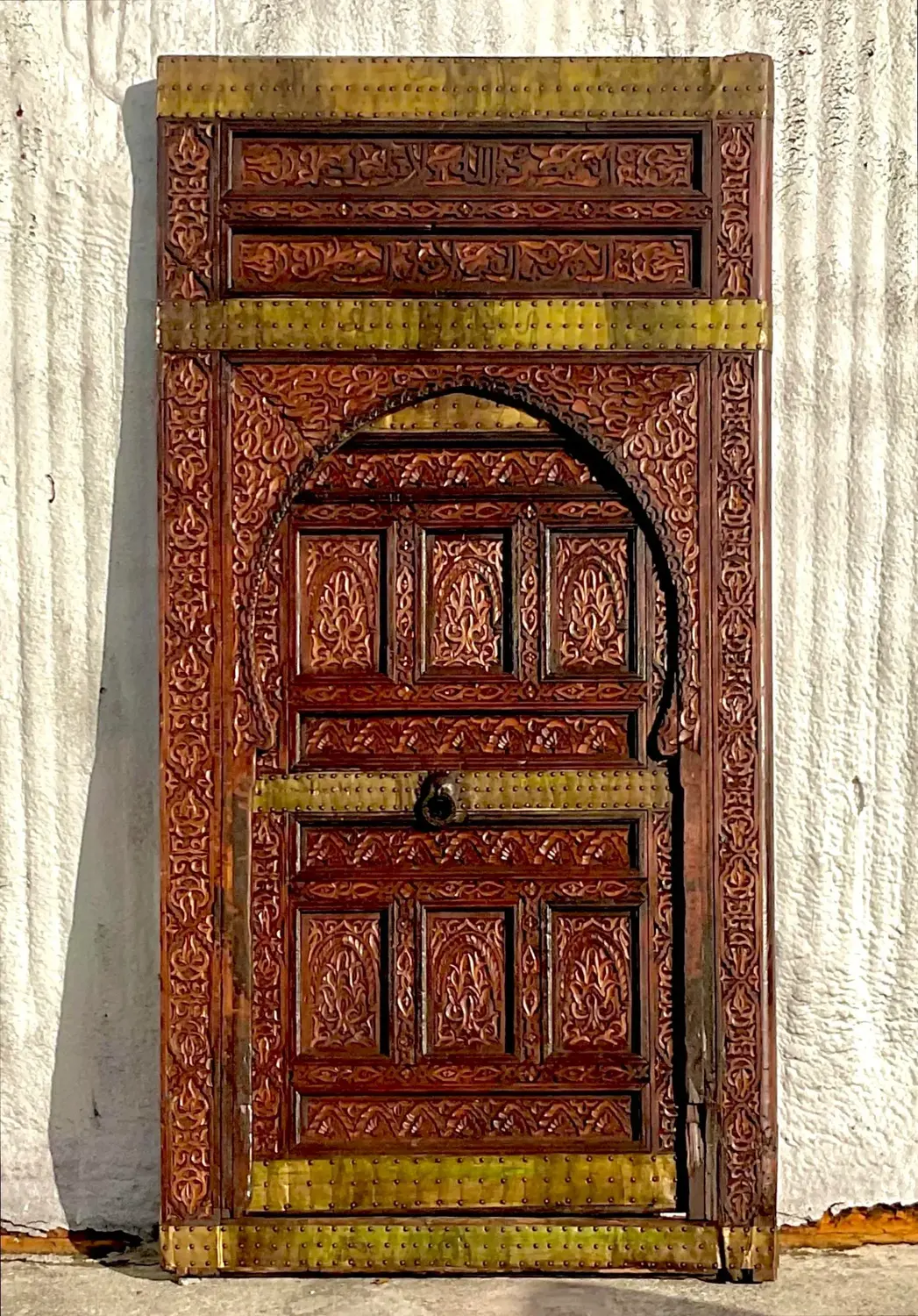 Vintage Boho Moroccan Carved Wooden Door With Brass Detail - Back view