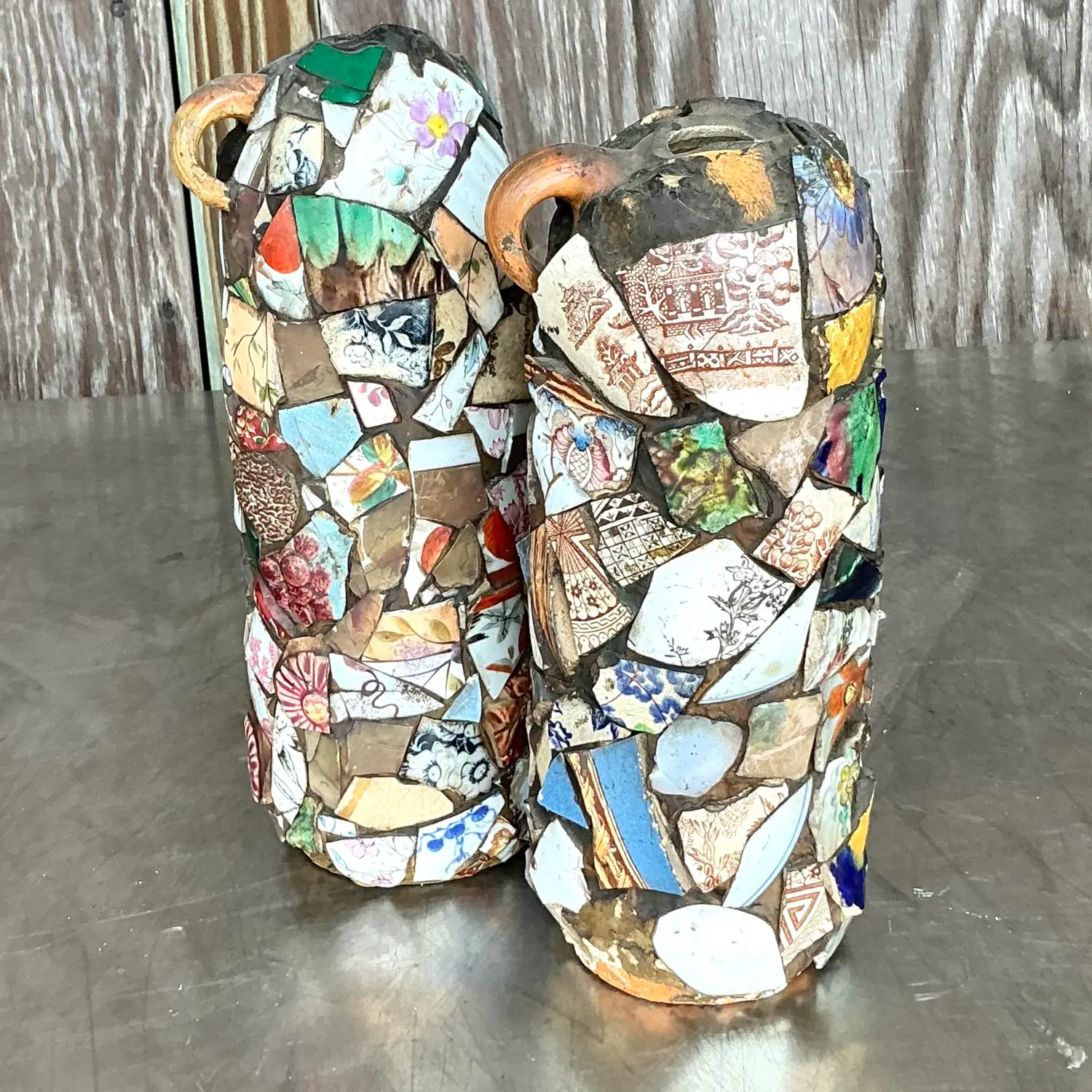 Vintage Boho Mosaic Memory Jugs - a Pair - Side view