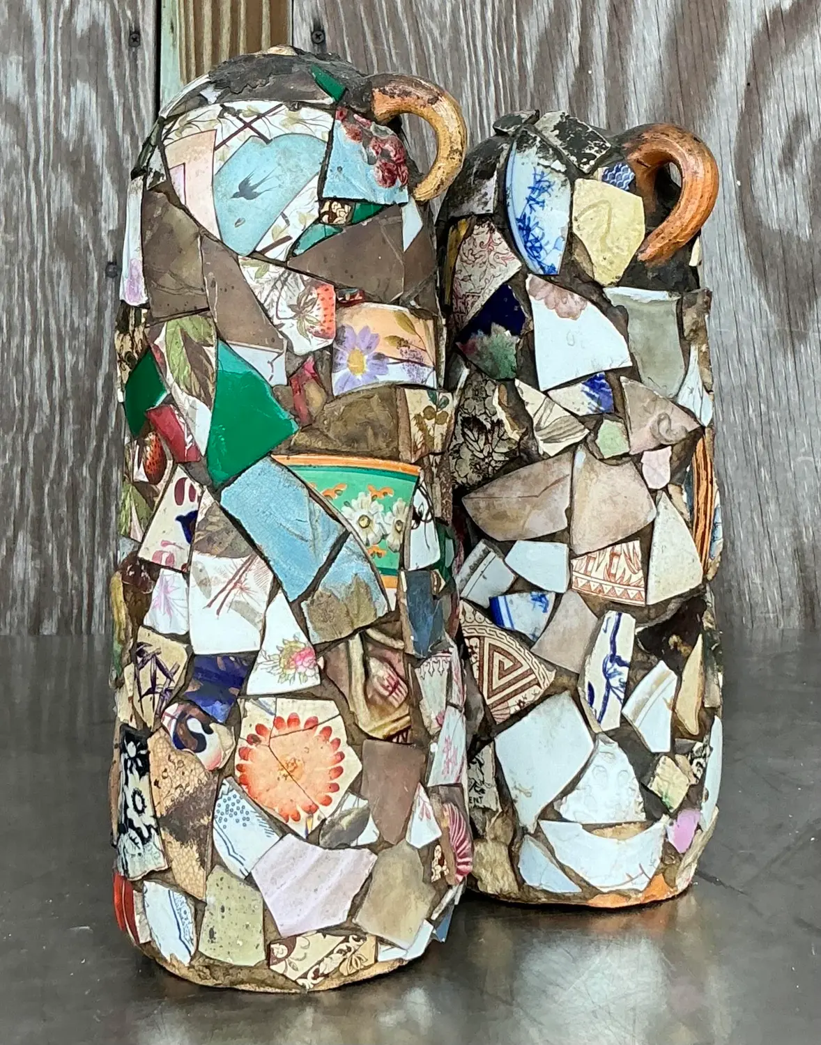 Vintage Boho Mosaic Memory Jugs - a Pair - Detail view