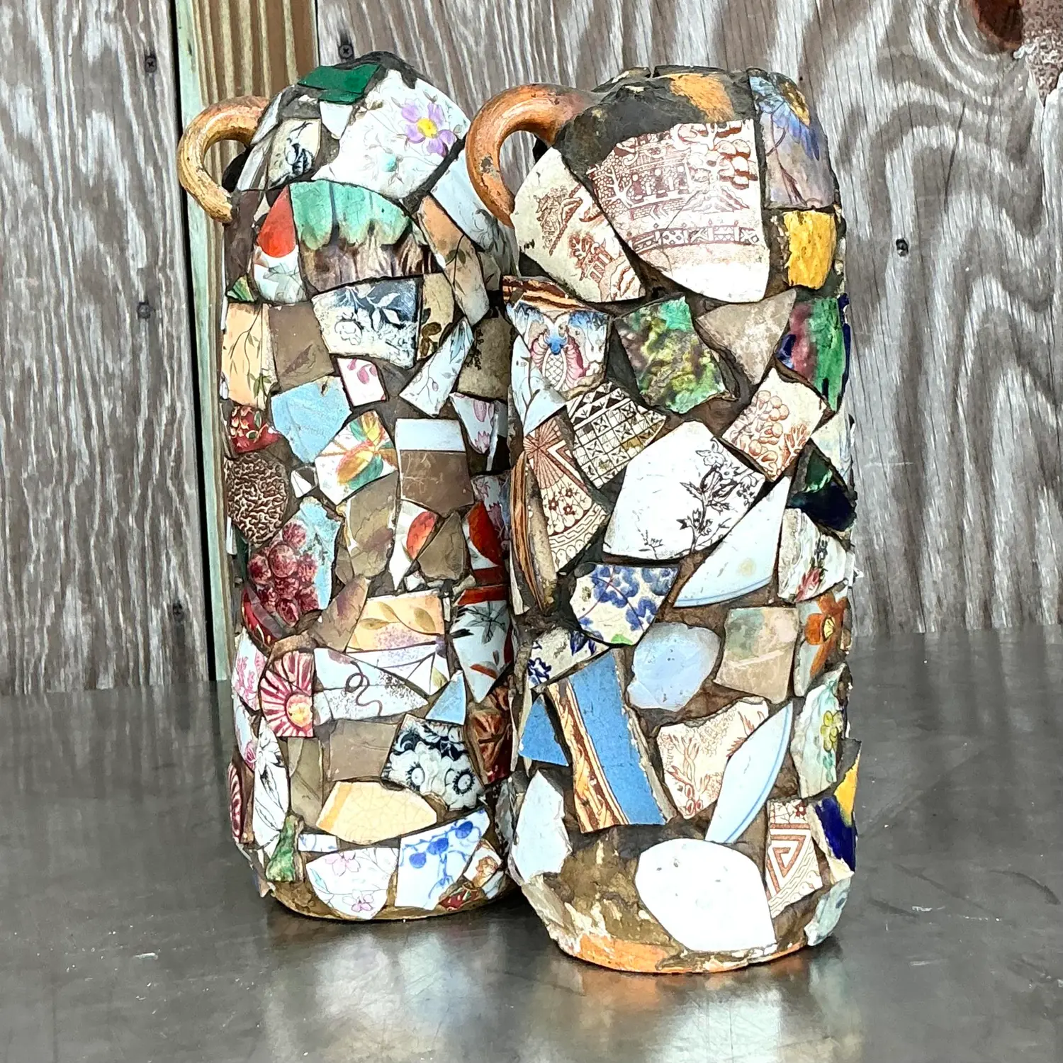 Vintage Boho Mosaic Memory Jugs - a Pair - Back view