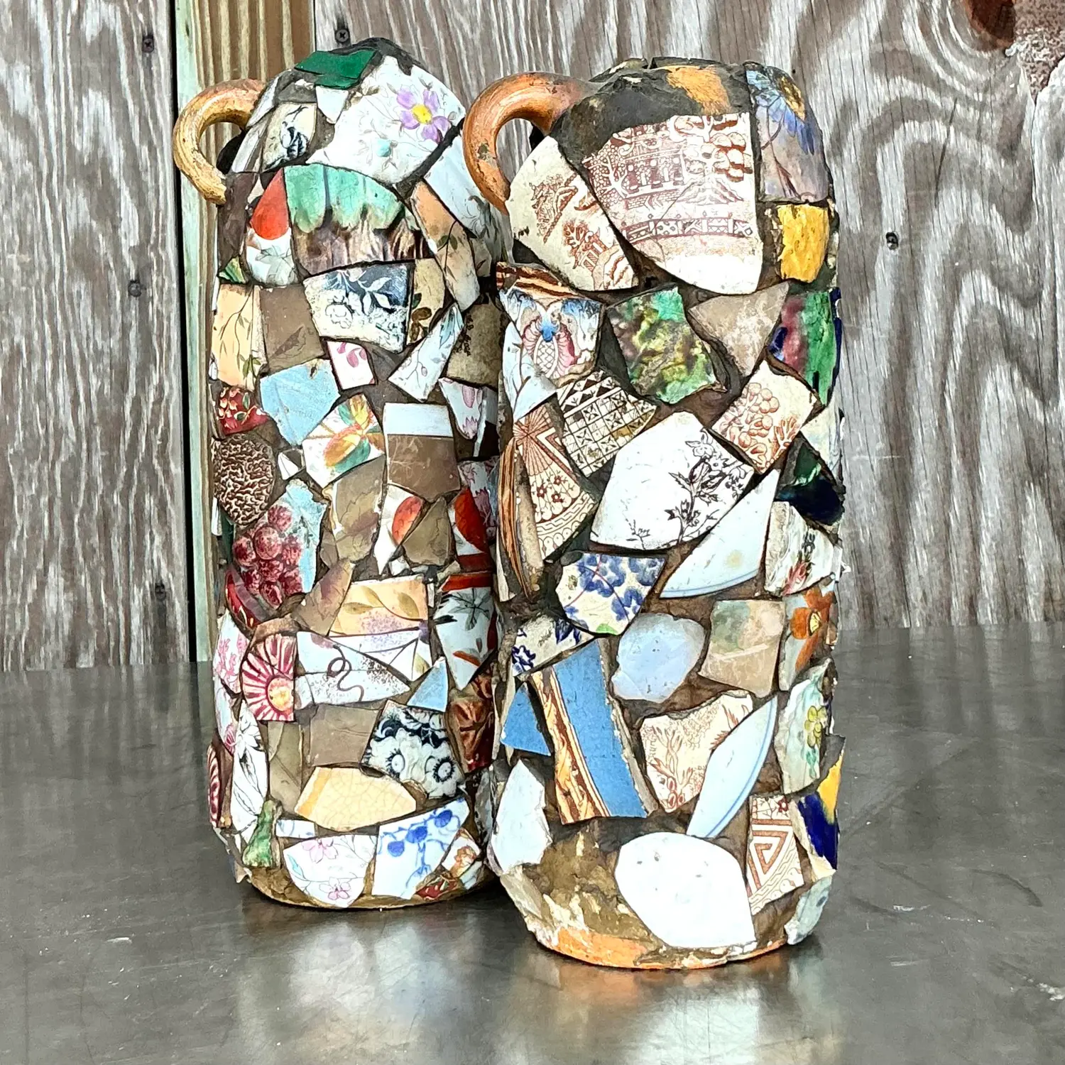 Vintage Boho Mosaic Memory Jugs - a Pair - Top view