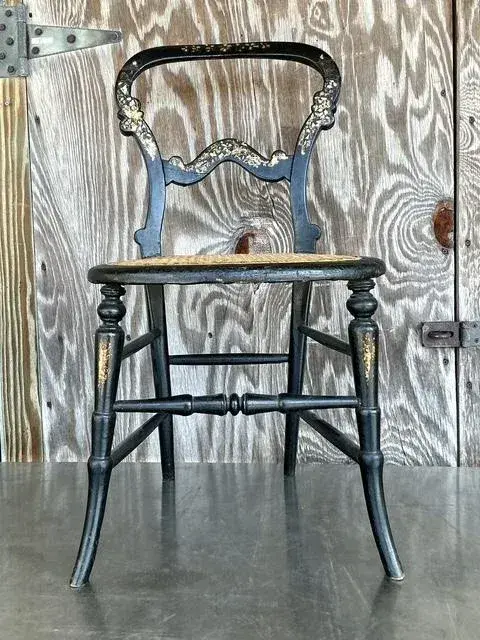 Vintage Boho Mother of Pearl Inlay Papier Mache Chair - Back view