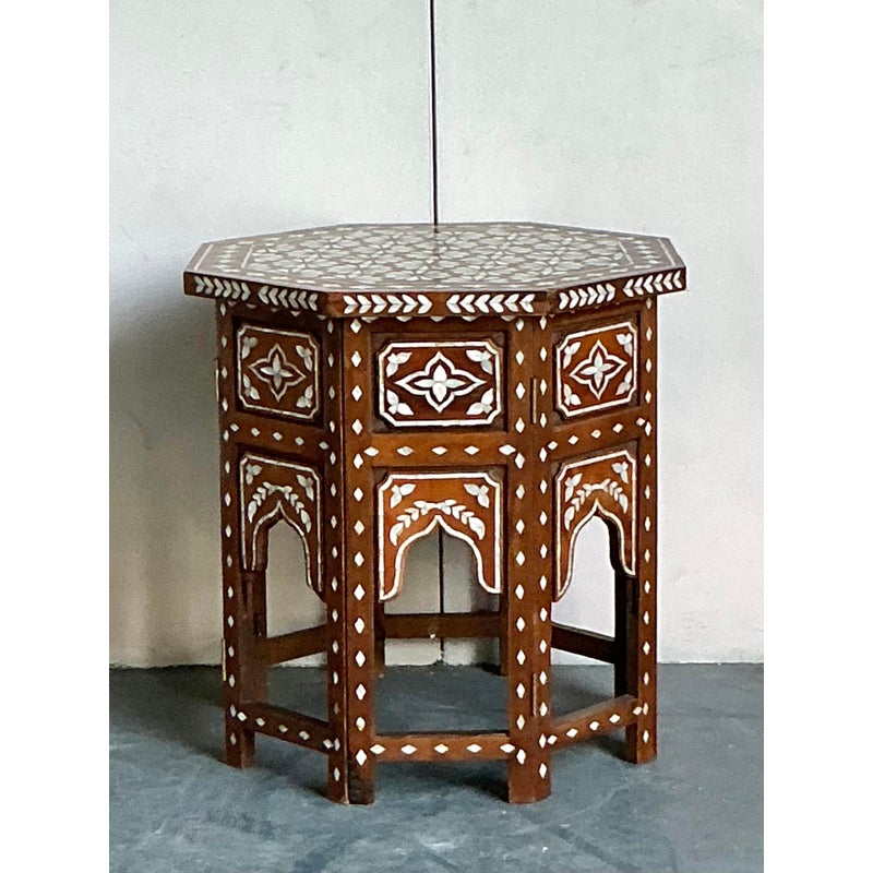 Vintage Boho Mother of Pearl Inlay Side Table - Top view