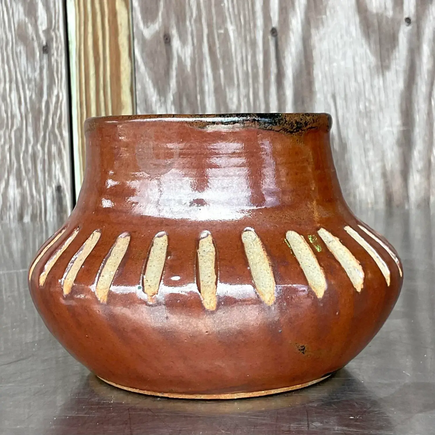 Vintage Boho Notched Studio Pottery Vase - Side view