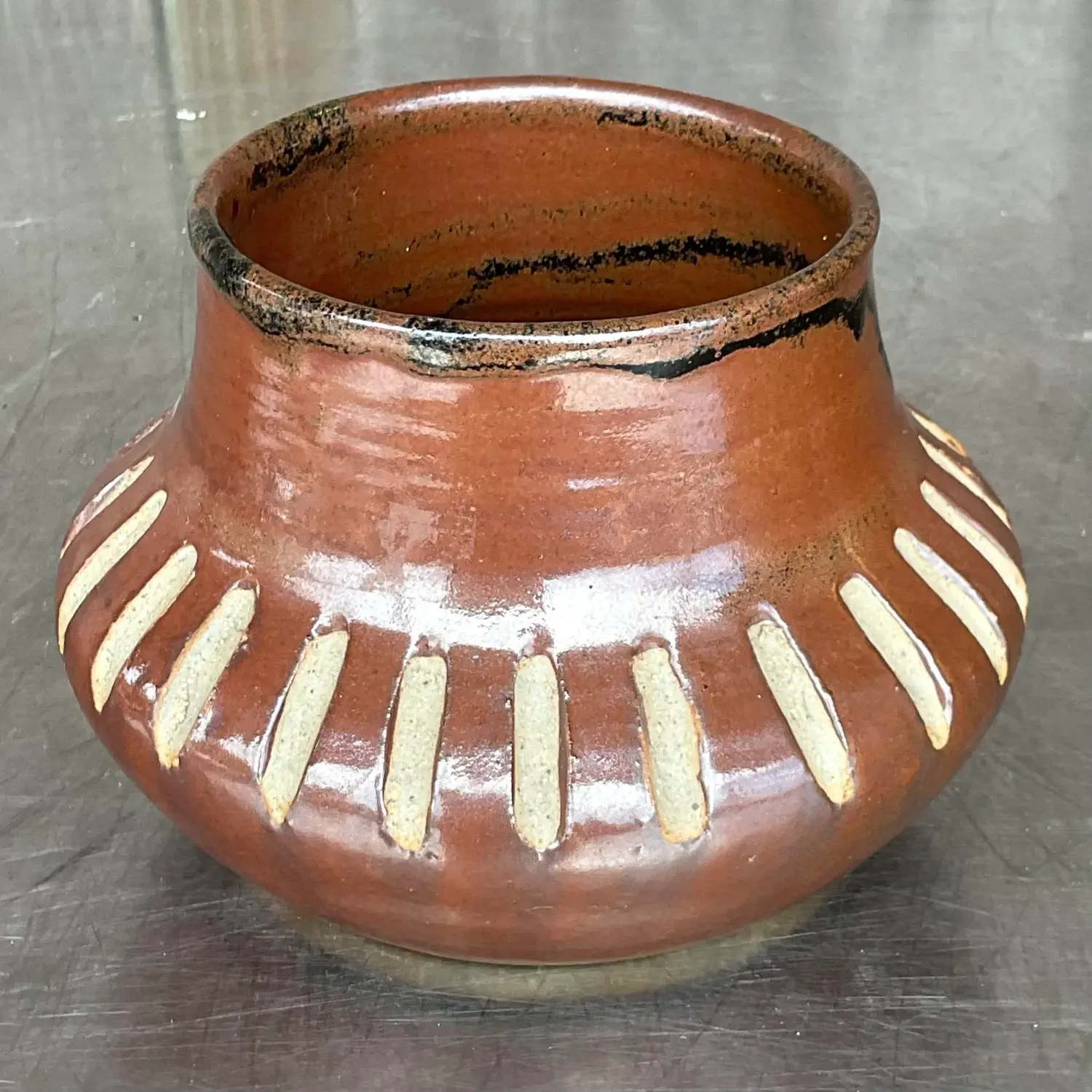 Vintage Boho Notched Studio Pottery Vase - Back view
