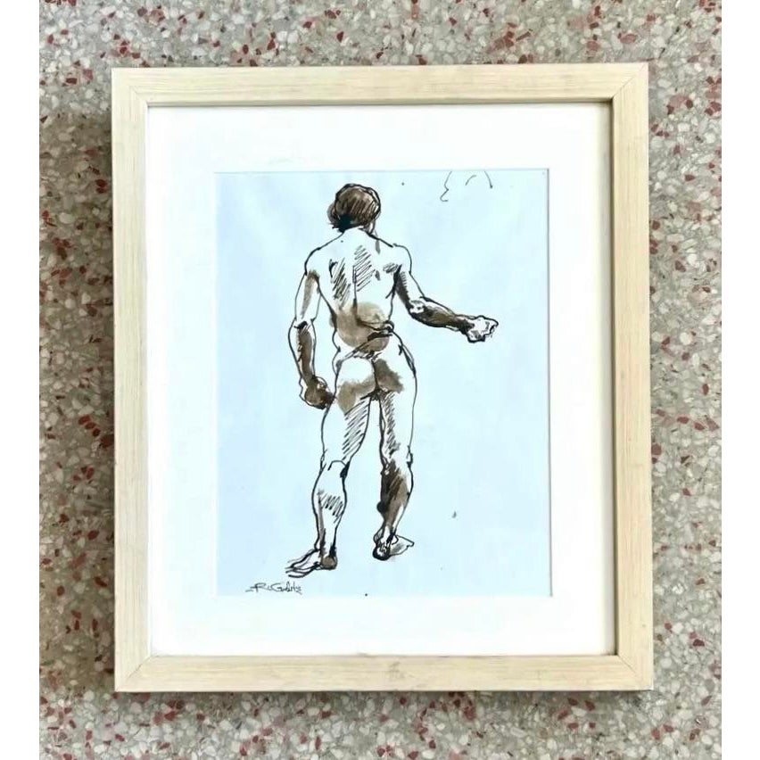 Vintage Boho Nude Male Figure Drawing - Detail view