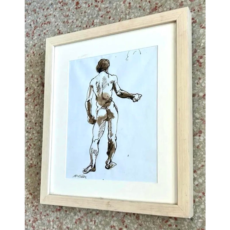 Vintage Boho Nude Male Figure Drawing - Top view