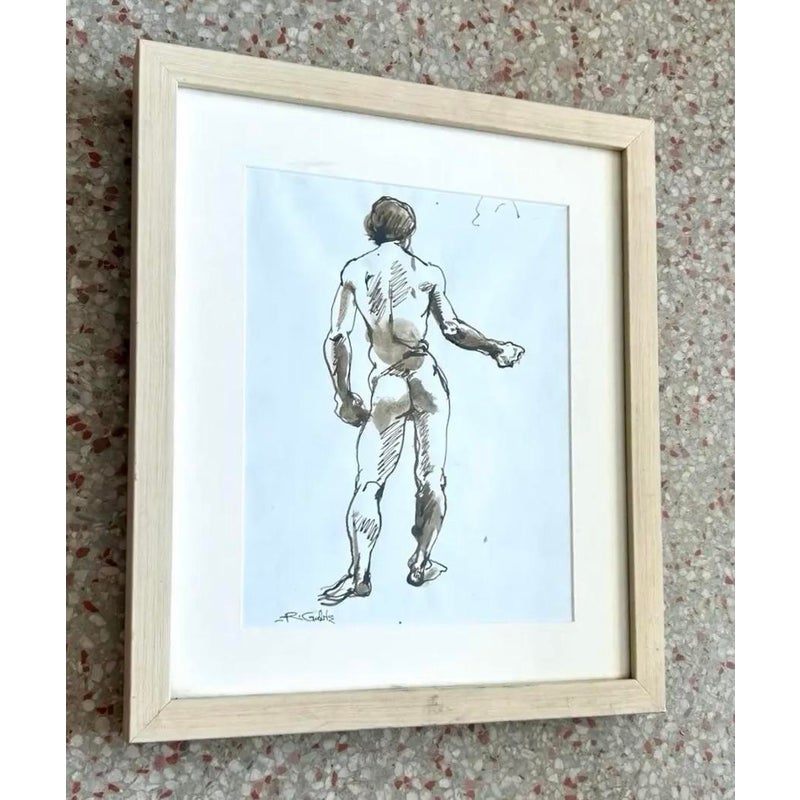 Vintage Boho Nude Male Figure Drawing - Back view